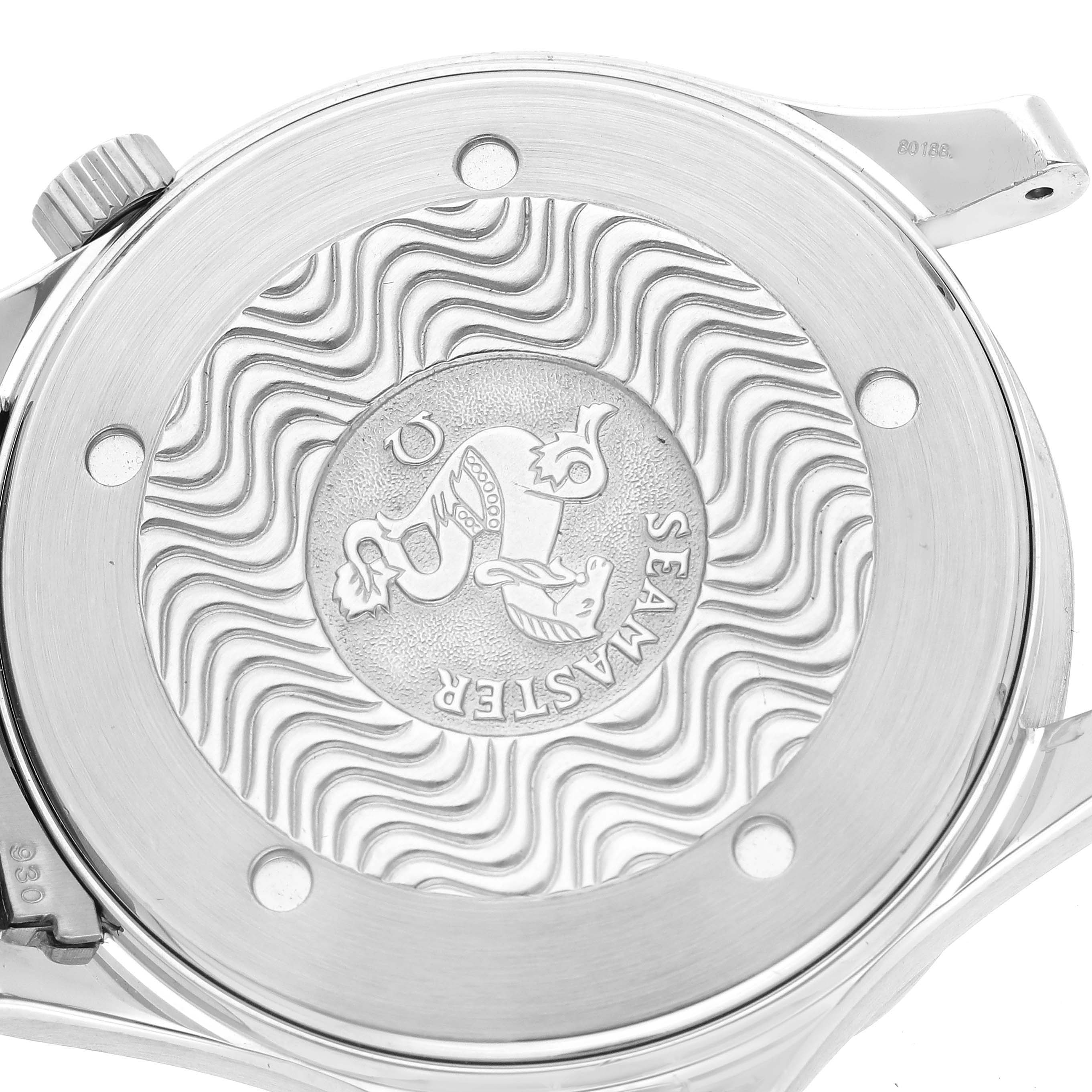 The image shows the case back of an Omega Seamaster 2254.50.00 Men
s Stainless Steel Black Dial 2254.50.00 Men
s Stainless Steel Black Dial watch, featuring its engraved details and wave pattern.