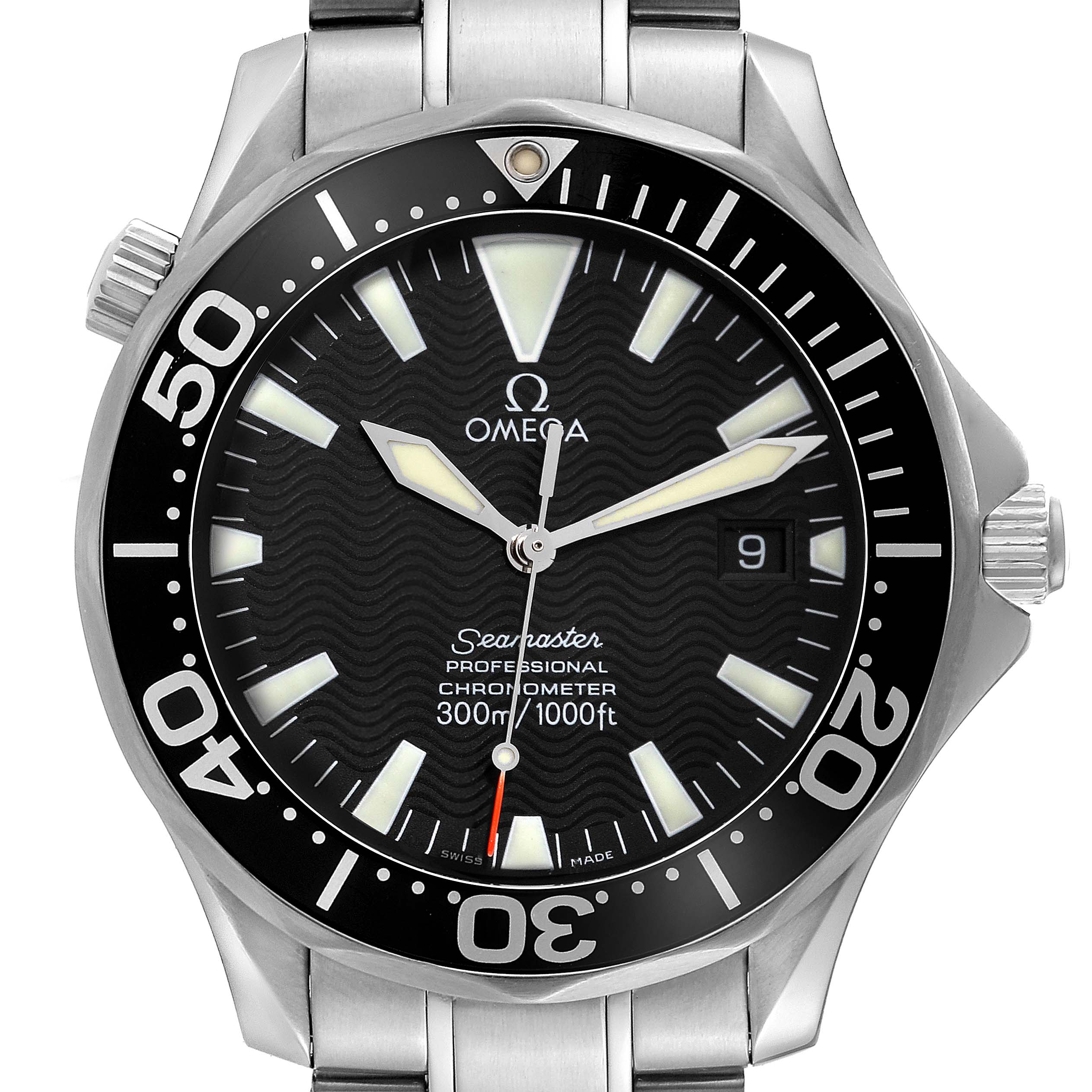 The image shows a front view of an Omega Seamaster 2254.50.00 Men
s Stainless Steel Black Dial 2254.50.00 Men
s Stainless Steel Black Dial watch, displaying the dial, bezel, and part of the stainless steel bracelet.