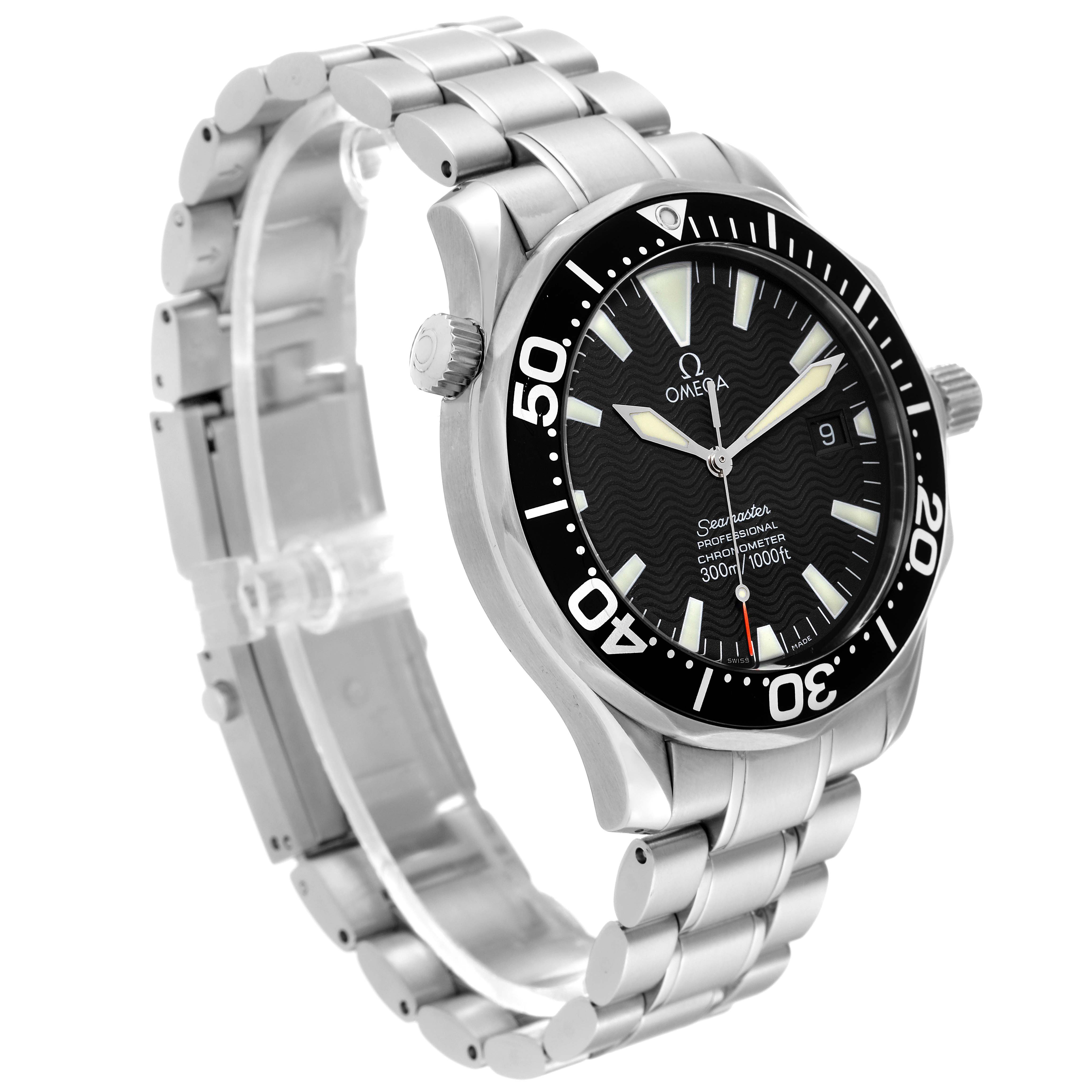 The Omega Seamaster 2254.50.00 Men
s Stainless Steel Black Dial 2254.50.00 Men
s Stainless Steel Black Dial watch is shown at a slight angle, highlighting the band, bezel, face, and crown.