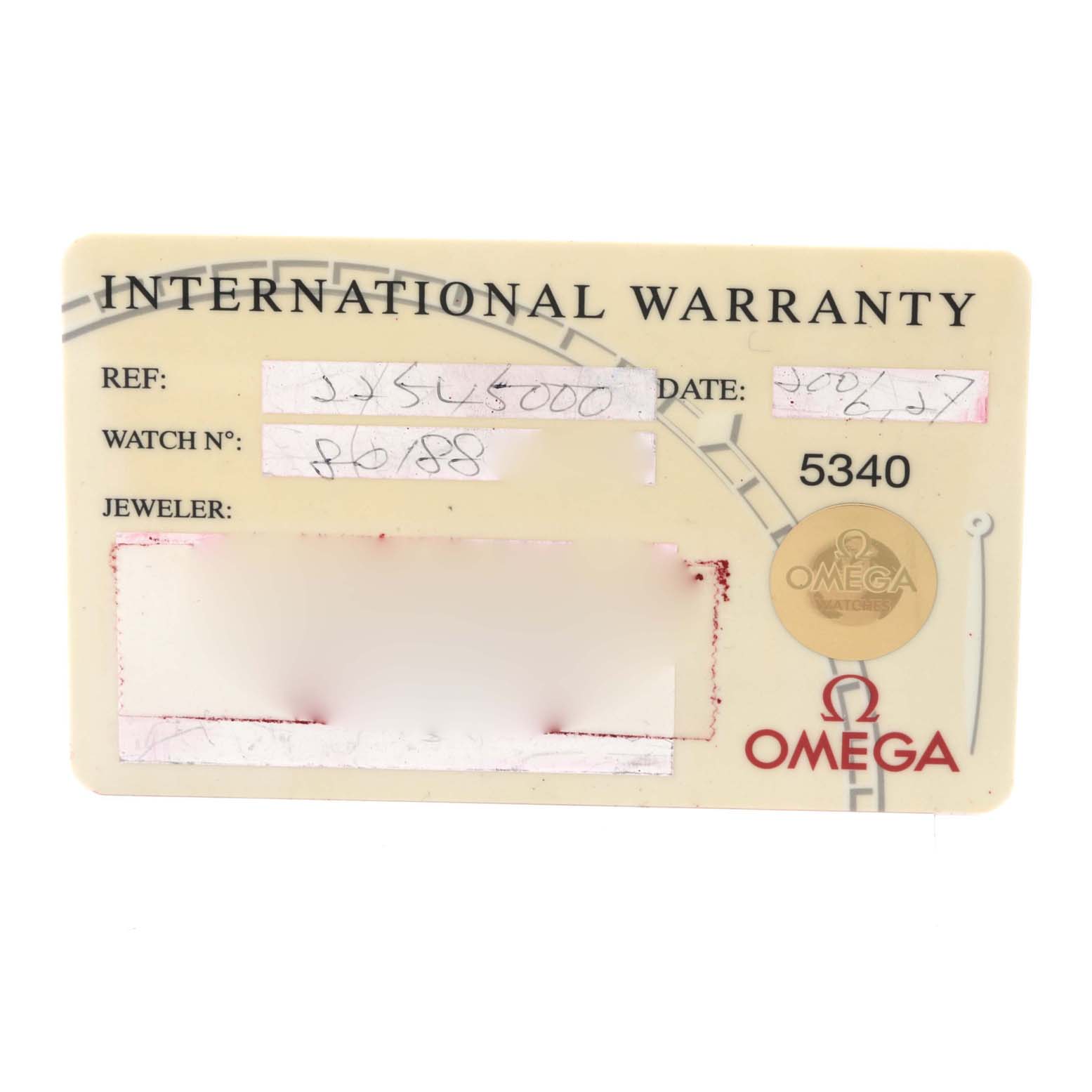This is an image of the International Warranty card for an Omega Seamaster 2254.50.00 Men
s Stainless Steel Black Dial 2254.50.00 Men
s Stainless Steel Black Dial watch.