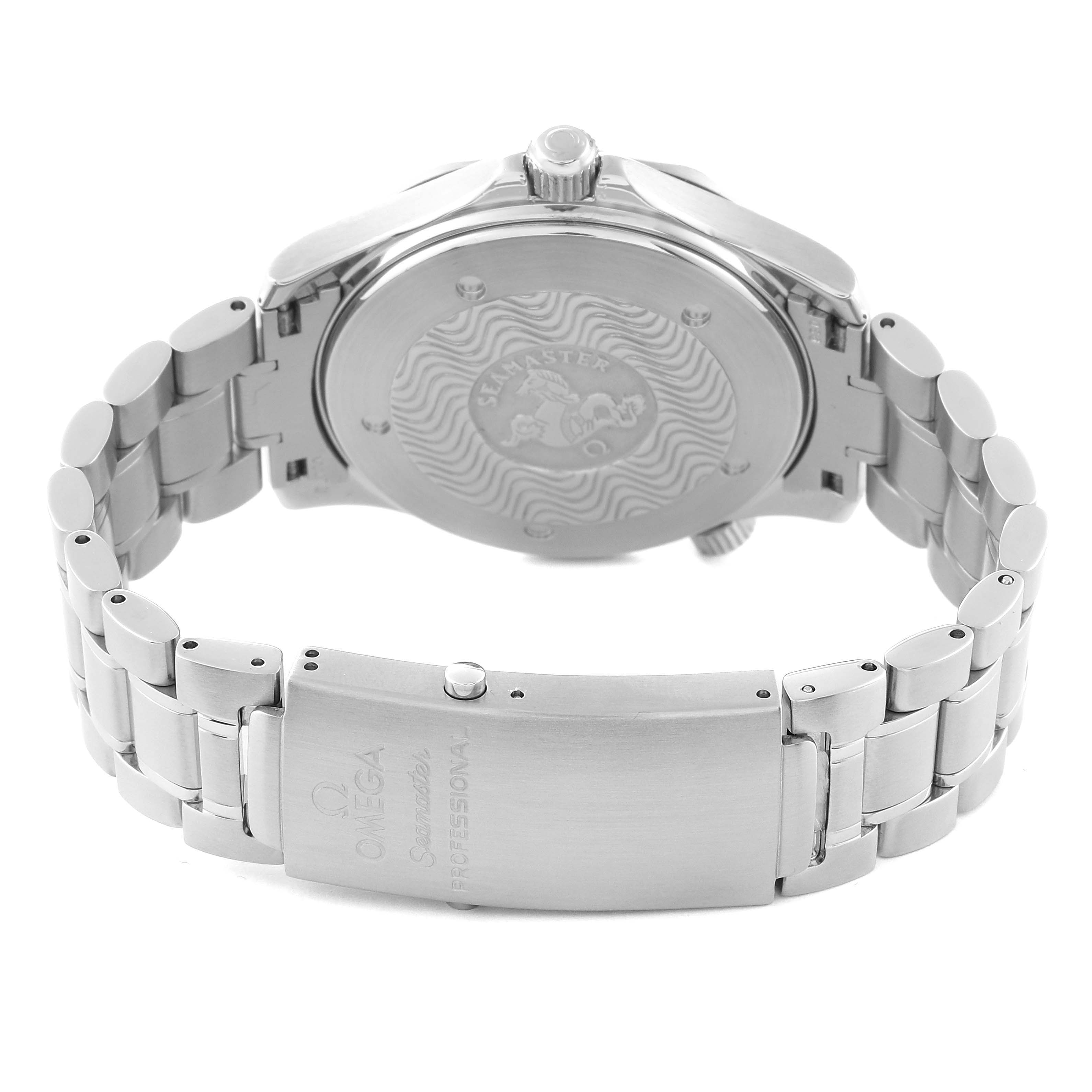 The image shows the back, crown, and clasp of an Omega Seamaster 2254.50.00 Men
s Stainless Steel Black Dial 2254.50.00 Men
s Stainless Steel Black Dial watch, highlighting the case back and metal bracelet.