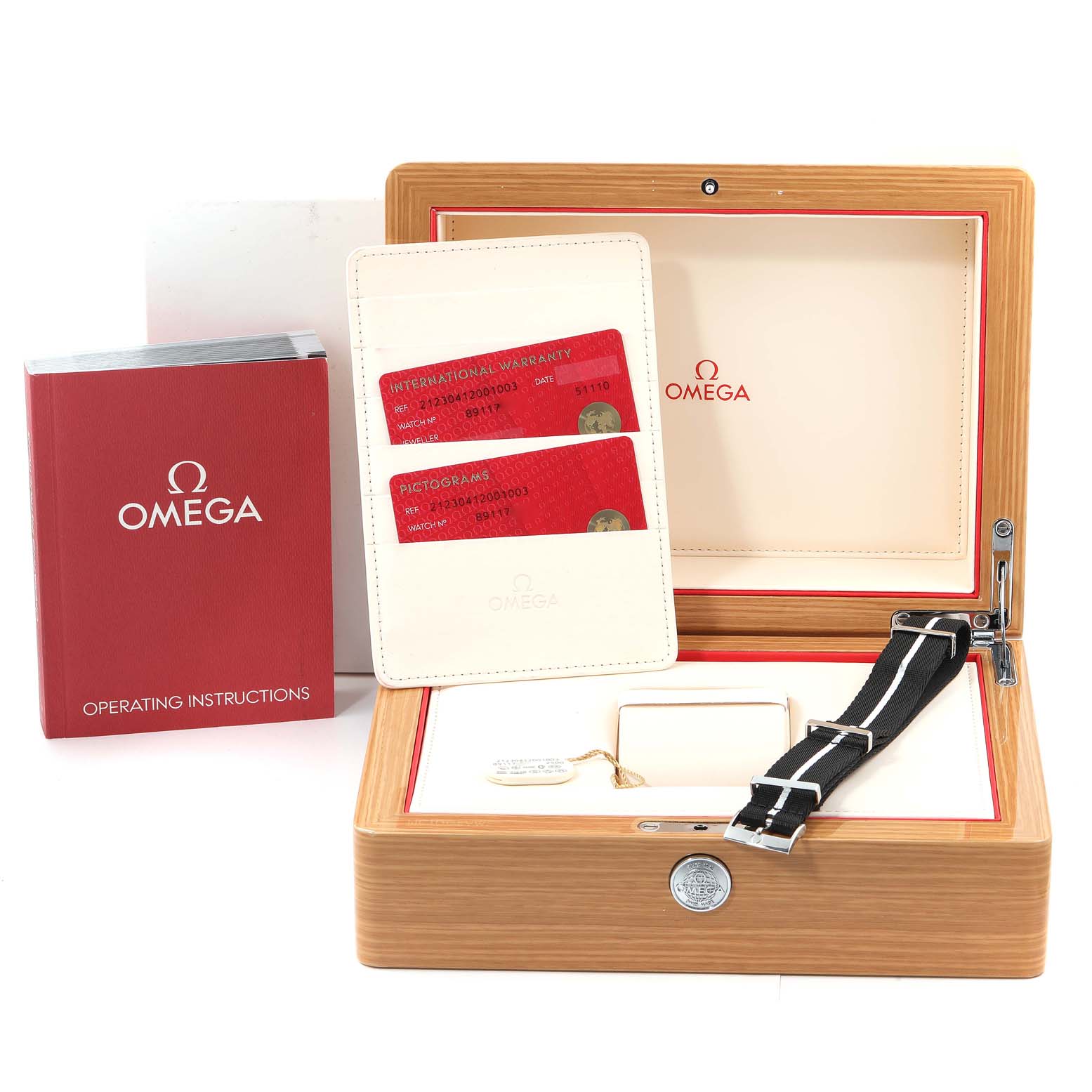 The image shows Omega Seamaster 212.30.41.20.01.003 Men's Stainless Steel Black Dial 212.30.41.20.01.003 Men's Stainless Steel Black Dial accessories including a wooden box, warranty cards, instruction manual, and a watch strap.