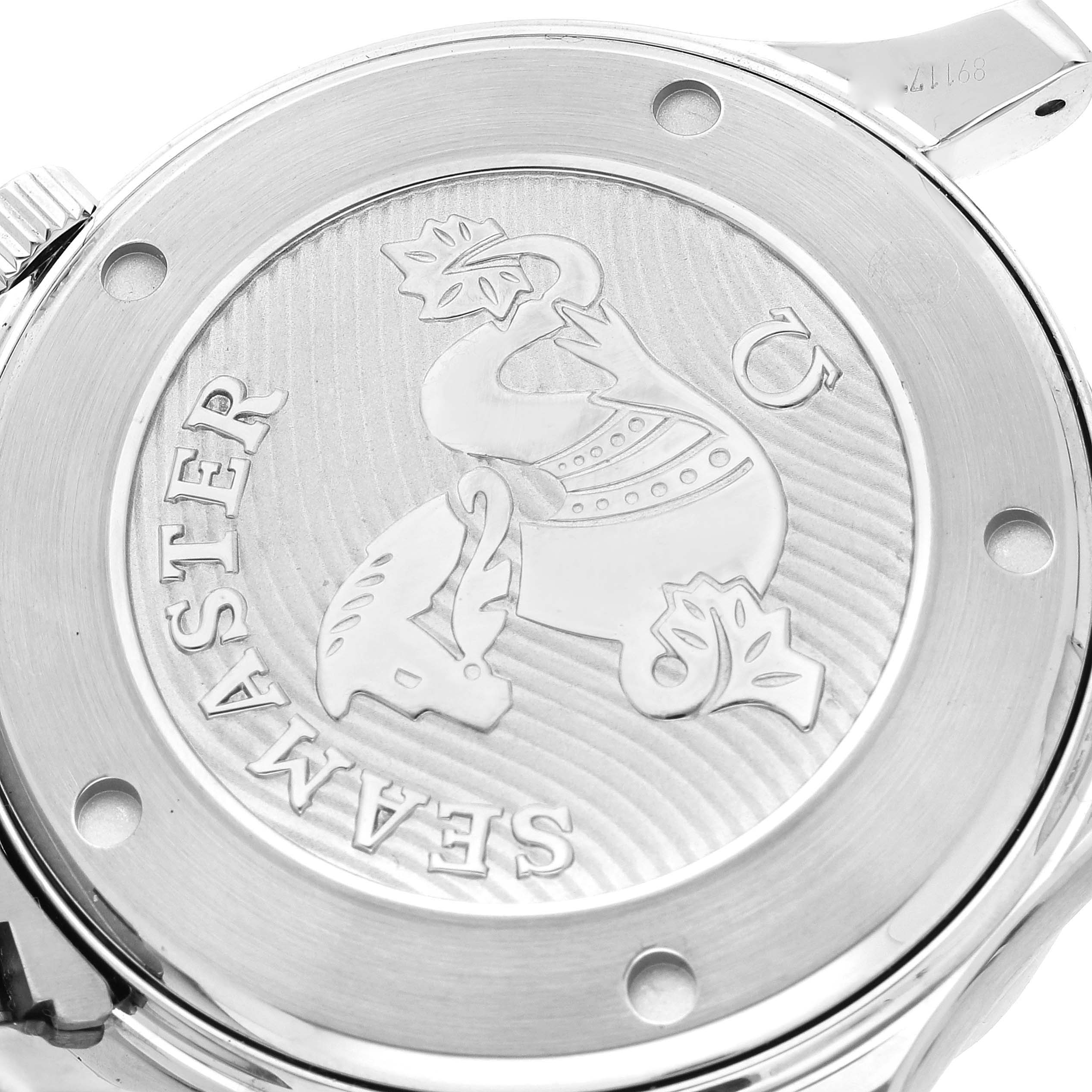 This image shows the case back of an Omega Seamaster 212.30.41.20.01.003 Men's Stainless Steel Black Dial 212.30.41.20.01.003 Men's Stainless Steel Black Dial watch at a close-up angle.