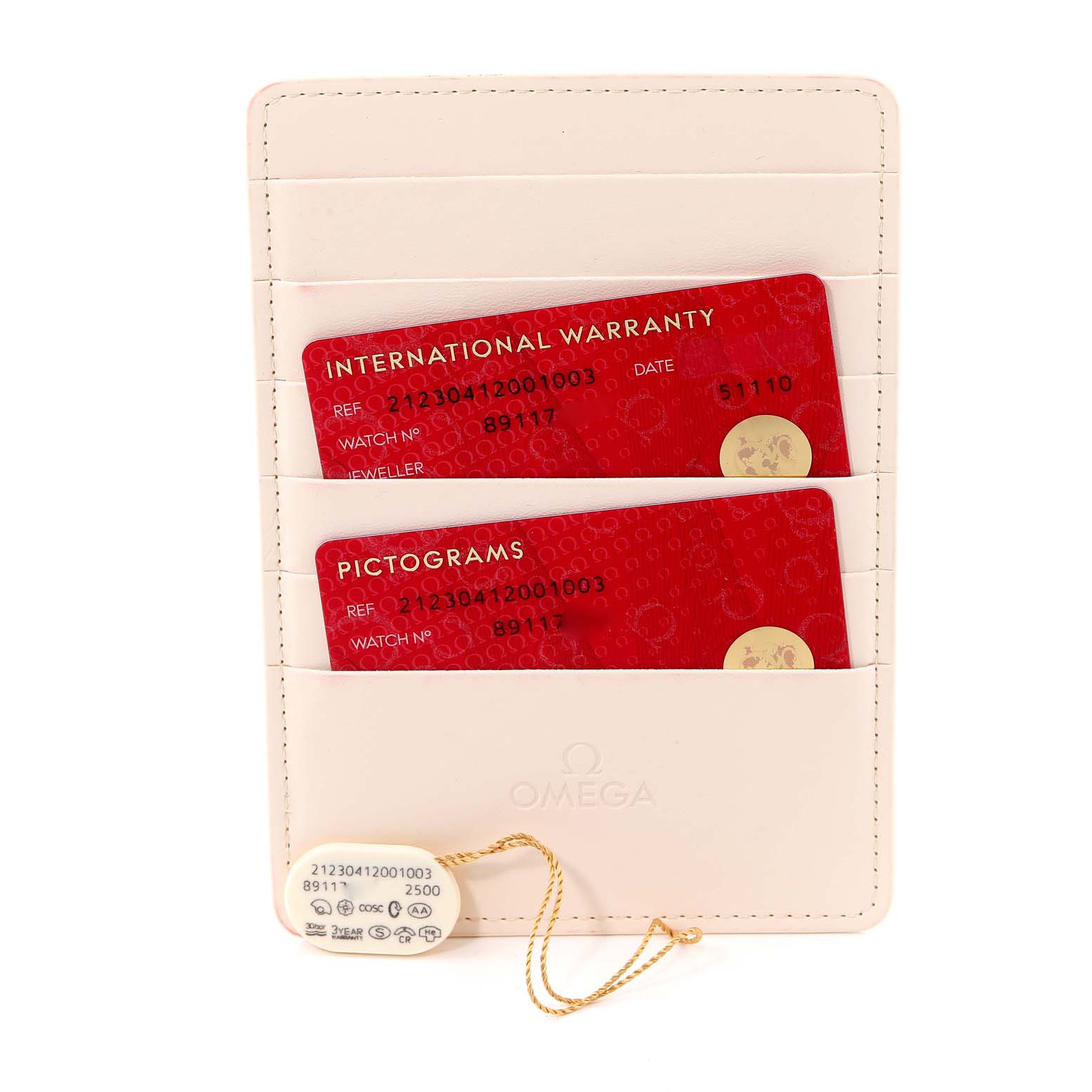 The image shows the warranty cards and tag for an Omega Seamaster 212.30.41.20.01.003 Men's Stainless Steel Black Dial 212.30.41.20.01.003 Men's Stainless Steel Black Dial watch in a white cardholder.