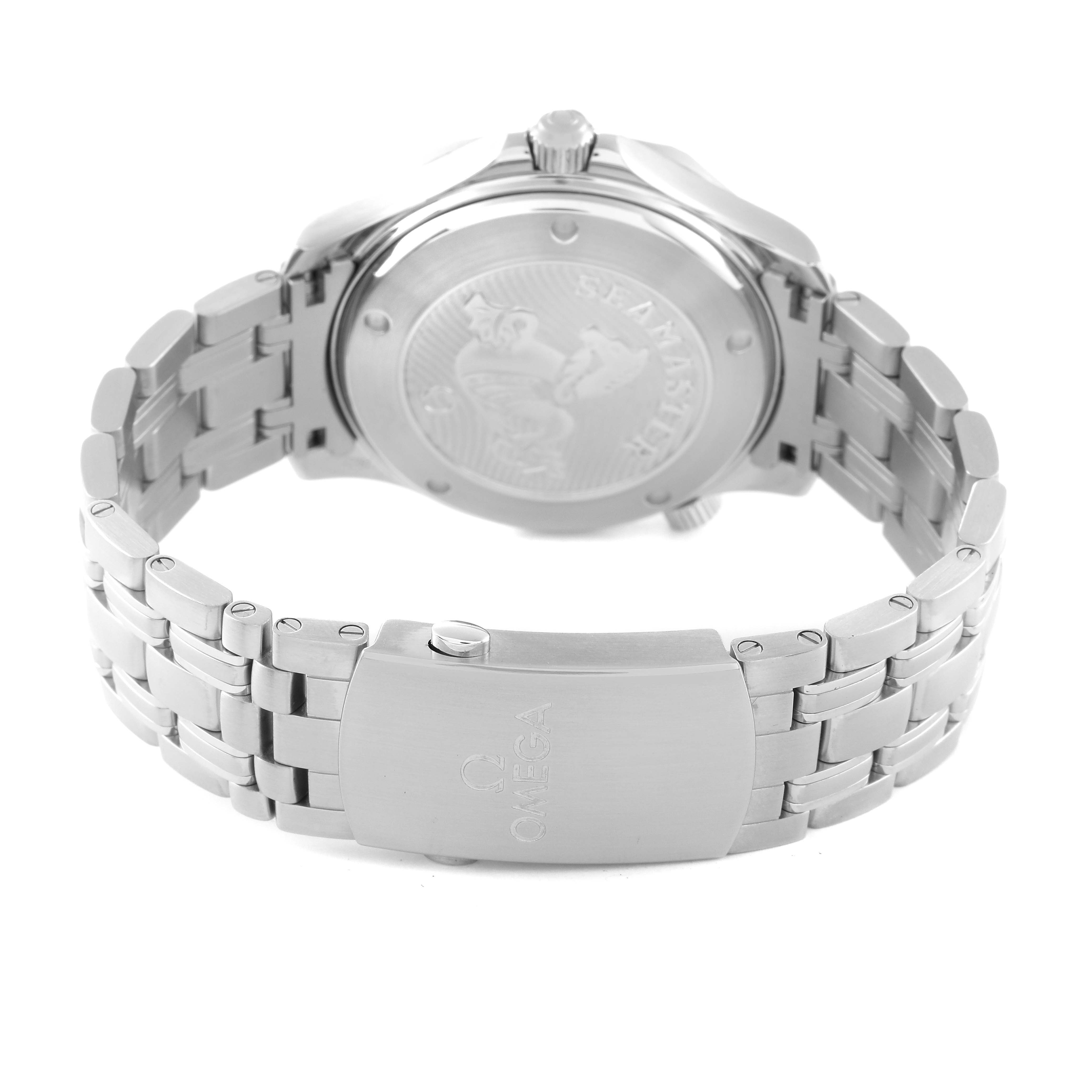This image shows the back case and bracelet of an Omega Seamaster 212.30.41.20.01.003 Men's Stainless Steel Black Dial 212.30.41.20.01.003 Men's Stainless Steel Black Dial watch, including the clasp and brand engraving.