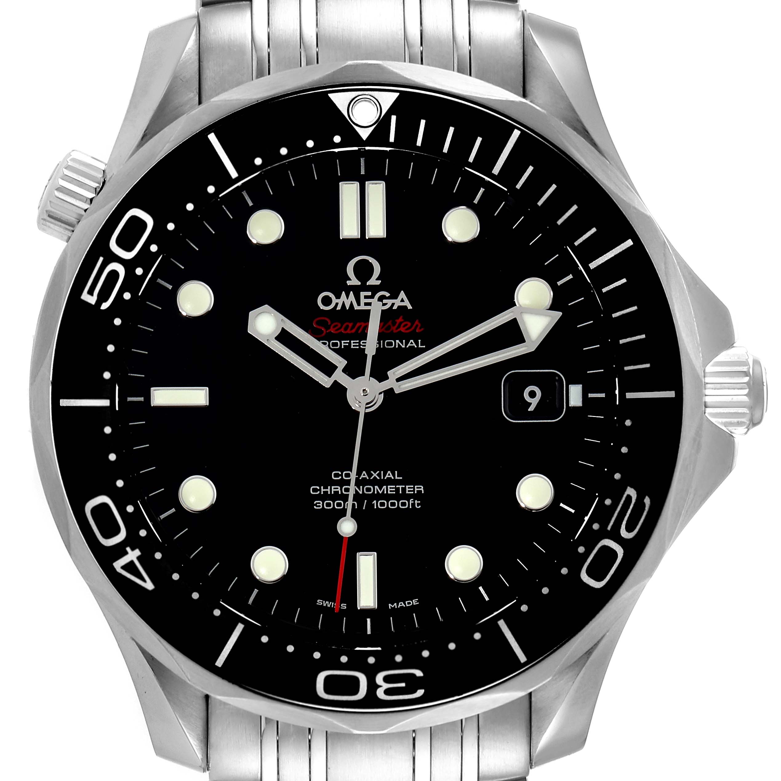This image shows a frontal view of an Omega Seamaster 212.30.41.20.01.003 Men's Stainless Steel Black Dial 212.30.41.20.01.003 Men's Stainless Steel Black Dial watch, showcasing its dial, bezel, crown, and bracelet.
