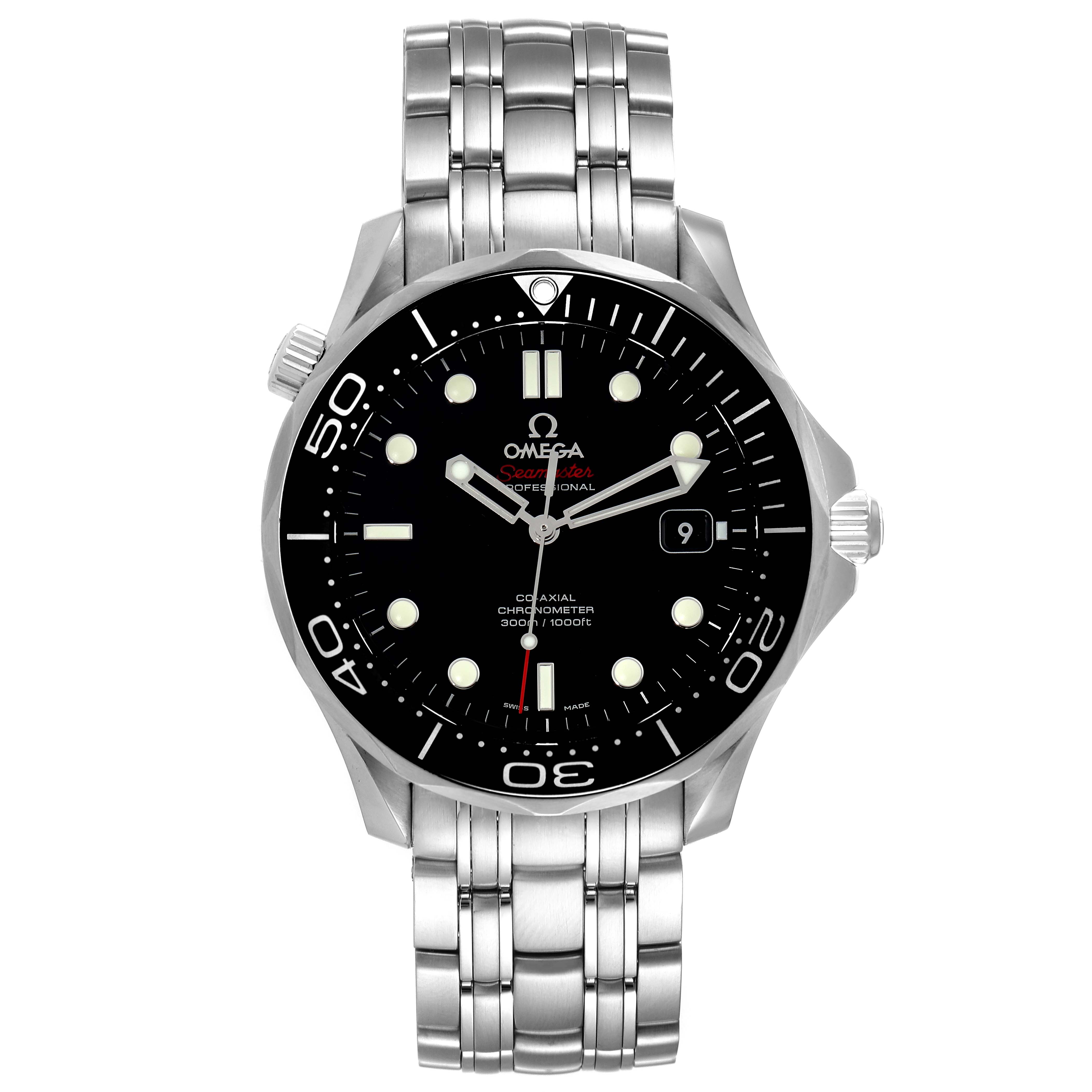 The image shows a front view of the Omega Seamaster 212.30.41.20.01.003 Men's Stainless Steel Black Dial 212.30.41.20.01.003 Men's Stainless Steel Black Dial watch, including the watch face, bezel, and stainless steel bracelet.