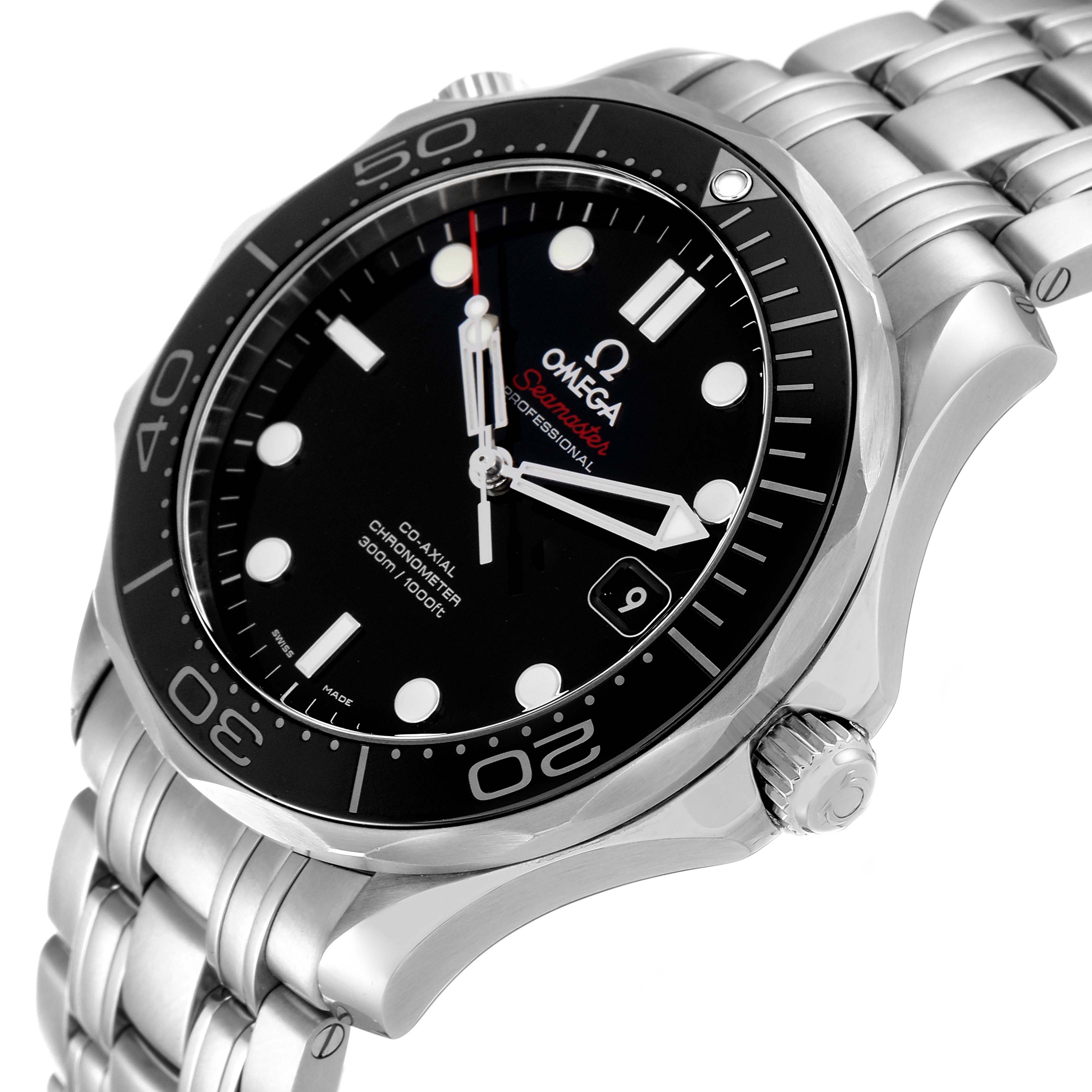 The image shows the Omega Seamaster 212.30.41.20.01.003 Men's Stainless Steel Black Dial 212.30.41.20.01.003 Men's Stainless Steel Black Dial watch at a three-quarter angle, highlighting the bezel, dial, and part of the stainless steel bracelet.
