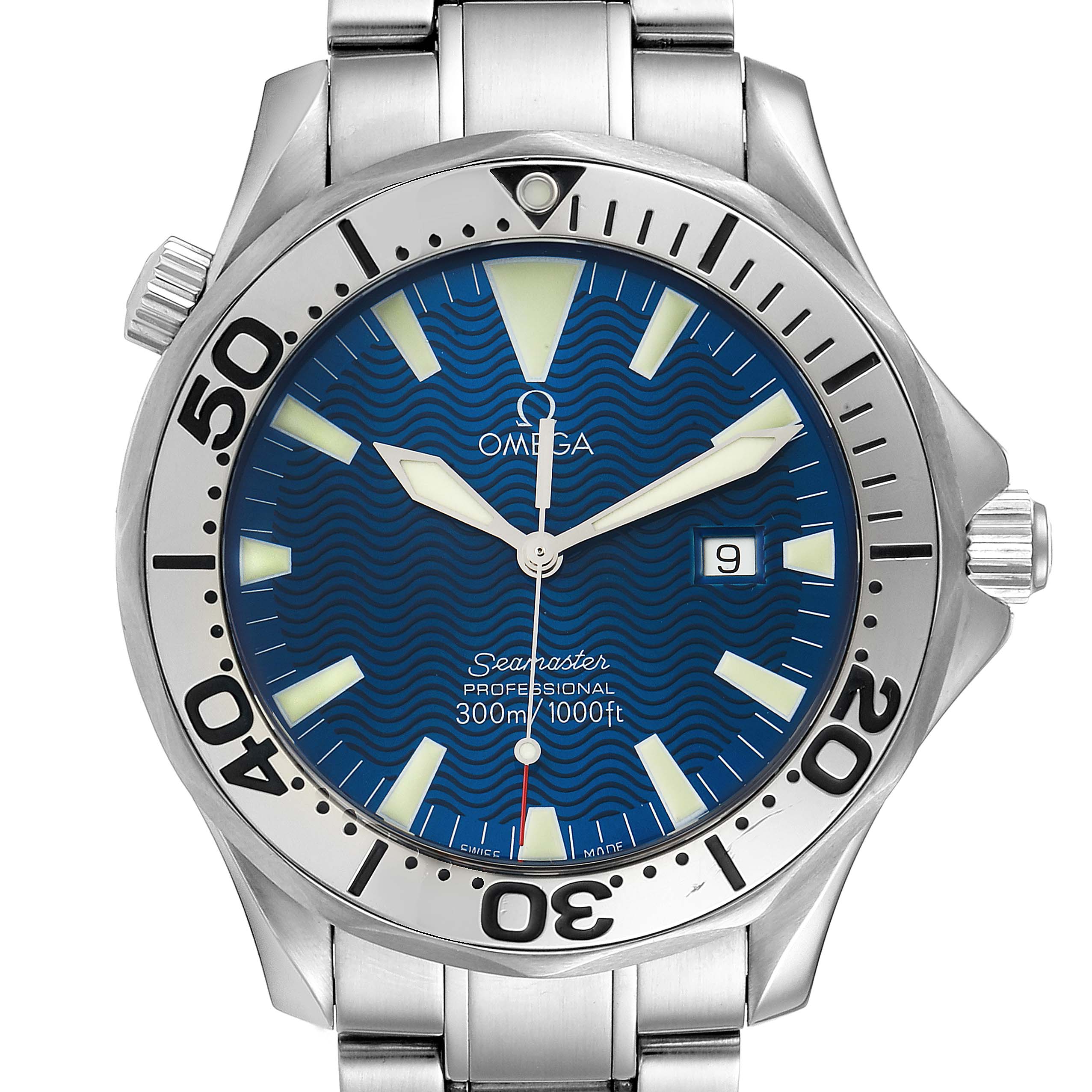 This image shows a front view of an Omega Seamaster 2265.80.00 Men
s Stainless Steel Blue Dial 2265.80.00 Men
s Stainless Steel Blue Dial watch, highlighting its blue dial, bezel, and stainless steel bracelet.