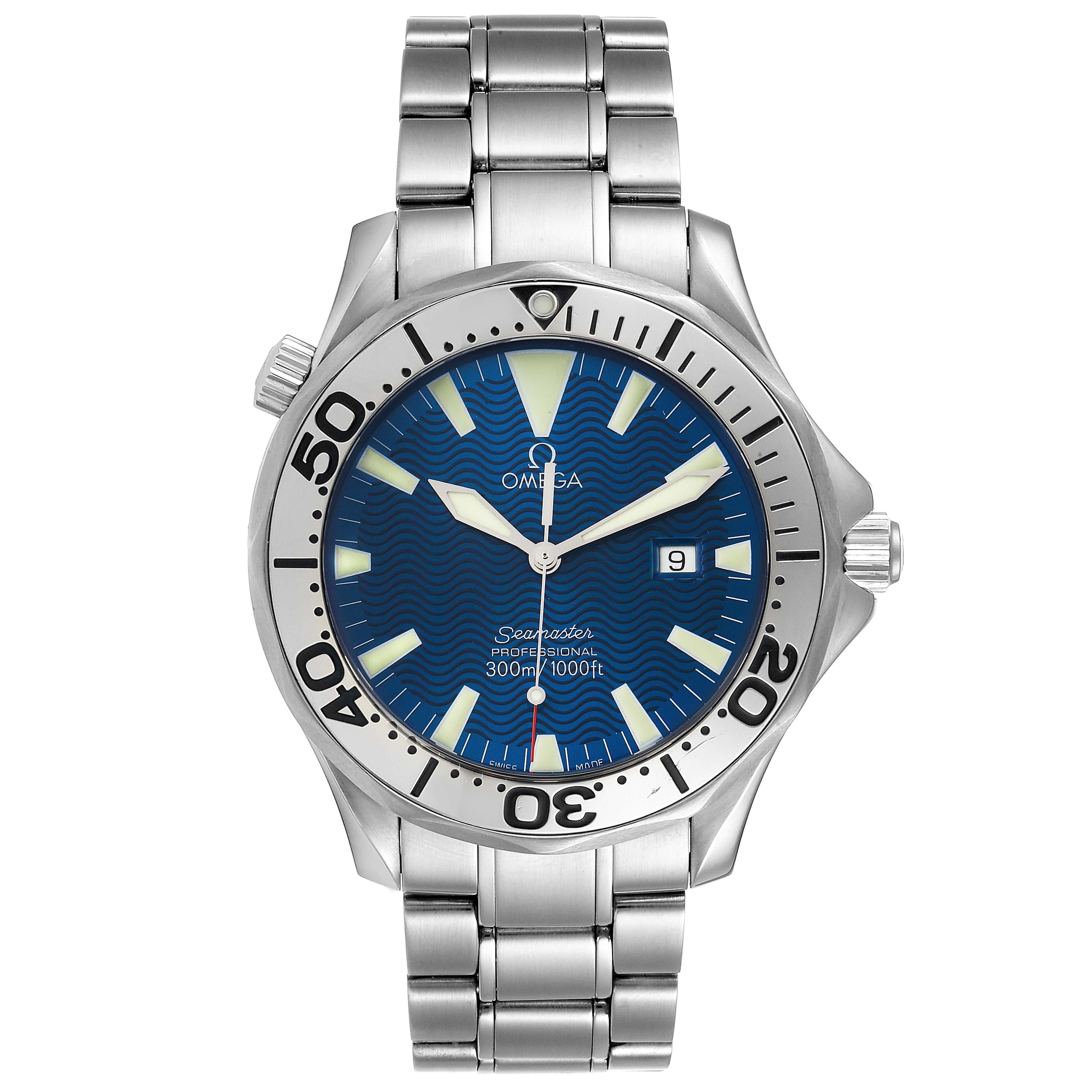 The Omega Seamaster 2265.80.00 Men
s Stainless Steel Blue Dial 2265.80.00 Men
s Stainless Steel Blue Dial watch is shown from a front view, highlighting the dial, bezel, and stainless steel bracelet.