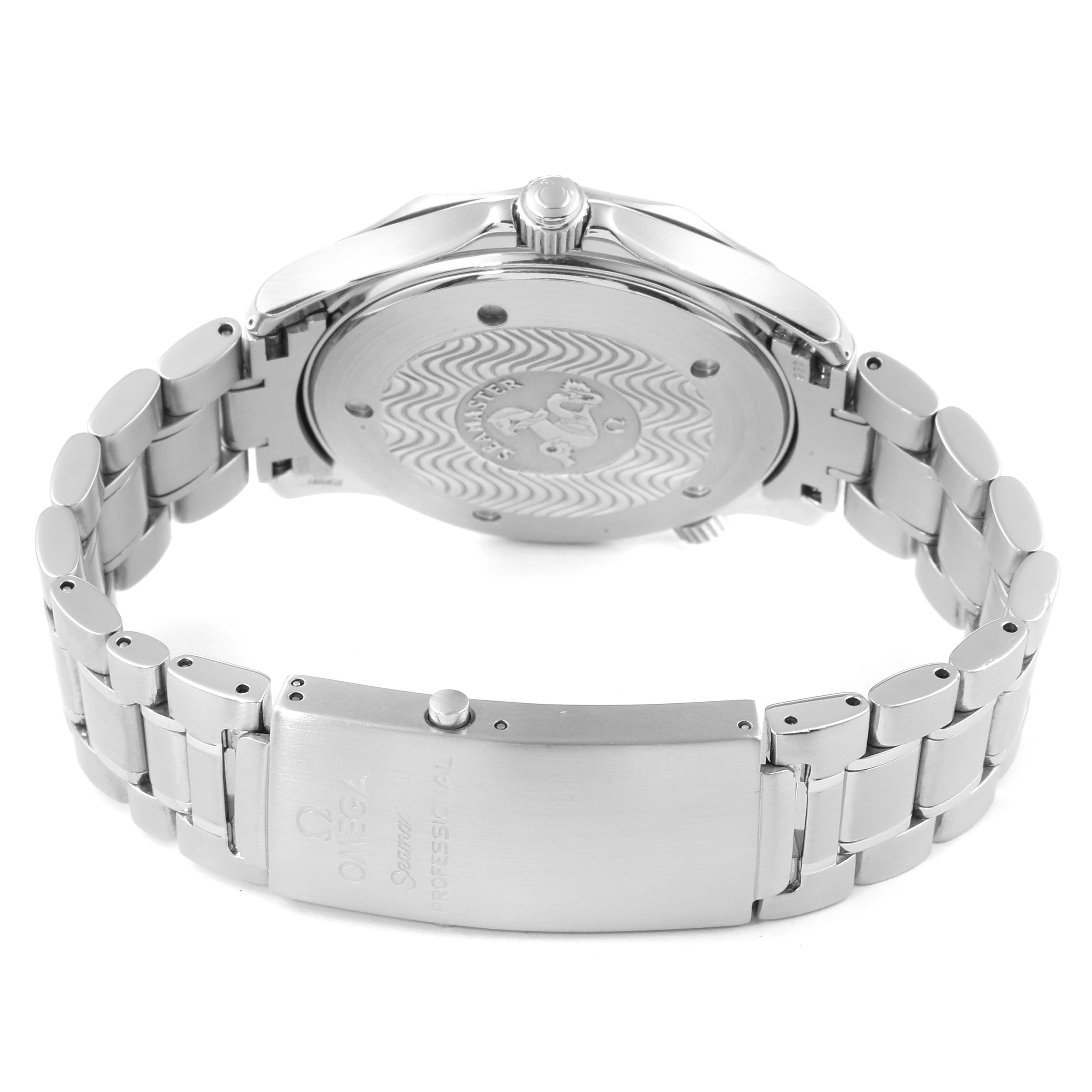 The image shows the back case and metal bracelet of an Omega Seamaster 2265.80.00 Men
s Stainless Steel Blue Dial 2265.80.00 Men
s Stainless Steel Blue Dial watch, viewed from the rear angle.