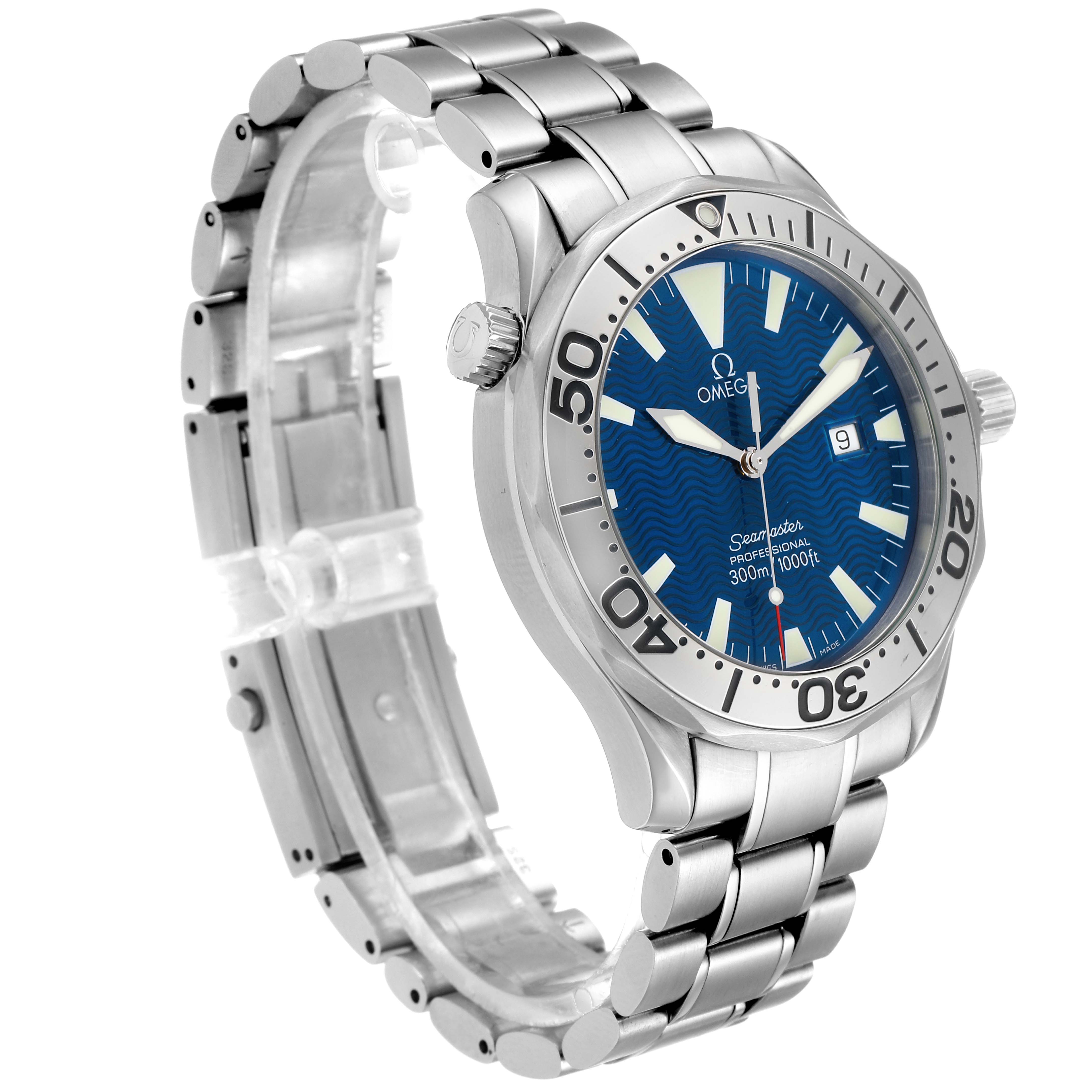 The Omega Seamaster 2265.80.00 Men
s Stainless Steel Blue Dial 2265.80.00 Men
s Stainless Steel Blue Dial watch is shown at a three-quarter angle, highlighting the dial, bezel, bracelet, and crown.