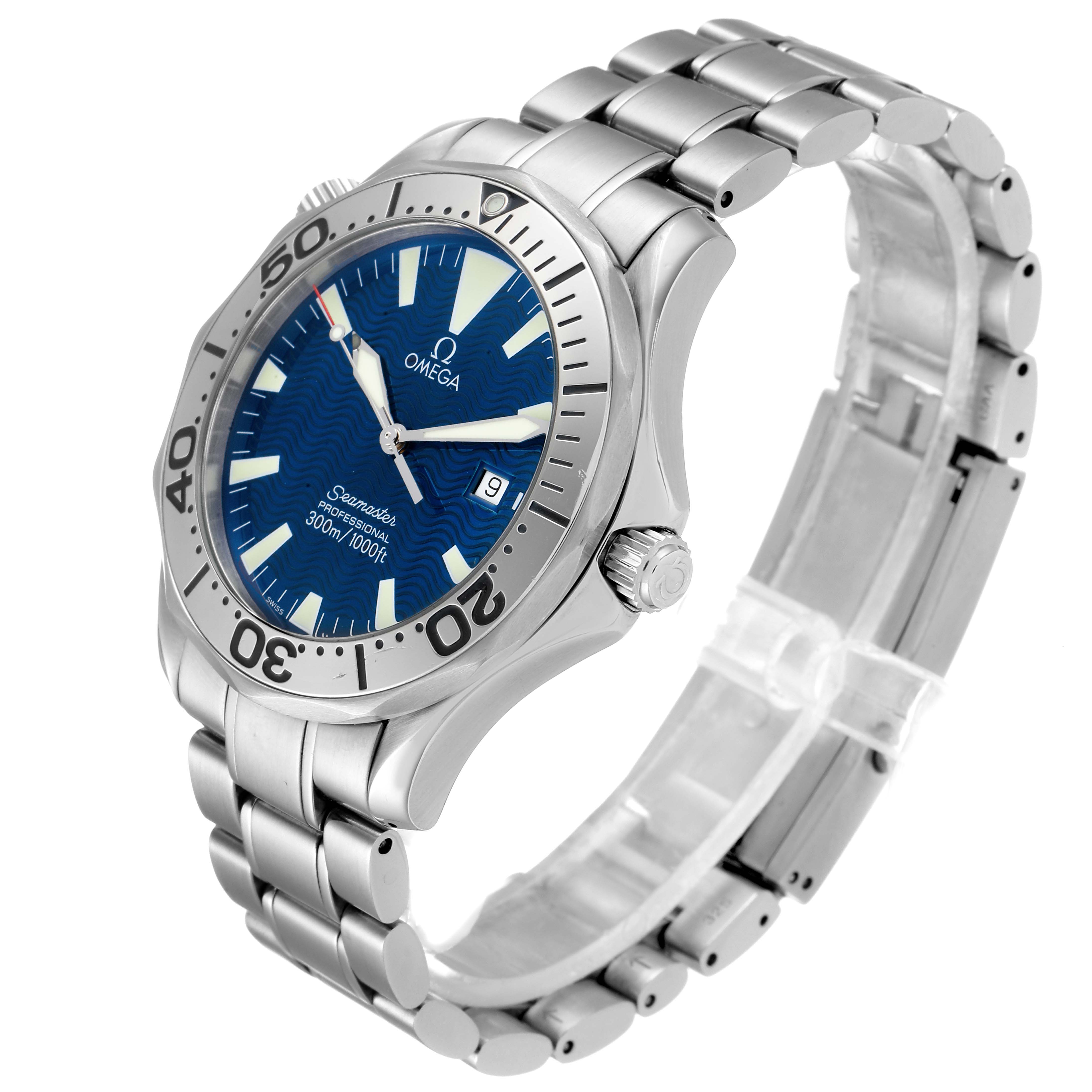 The Omega Seamaster 2265.80.00 Men
s Stainless Steel Blue Dial 2265.80.00 Men
s Stainless Steel Blue Dial watch is shown at an angle highlighting the dial, bezel, crown, and metal bracelet.