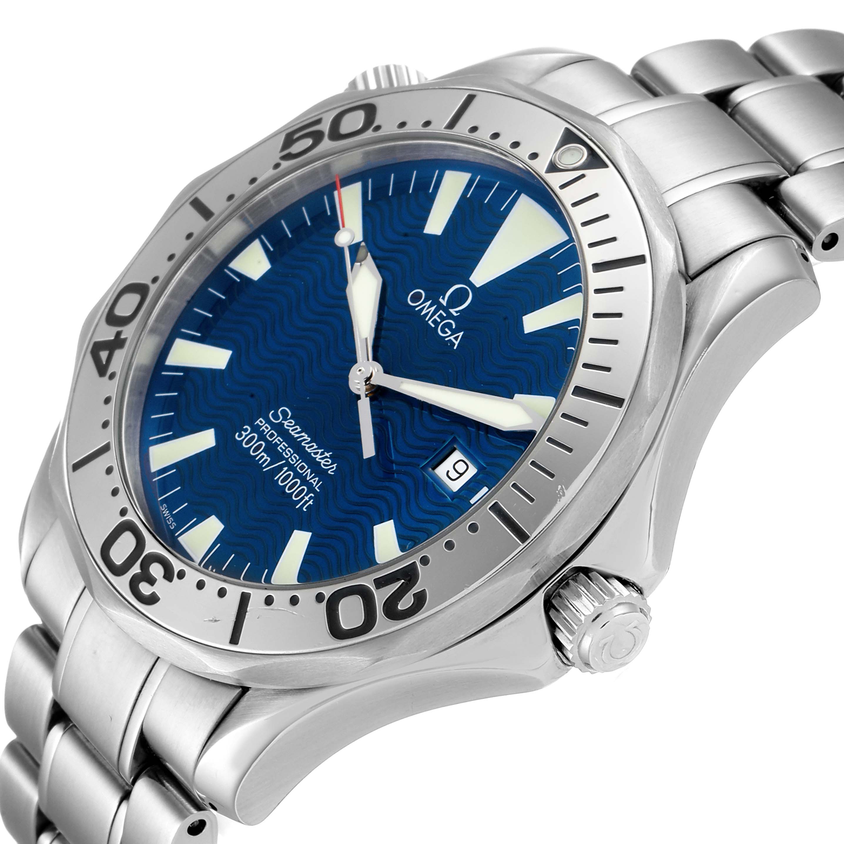 The Omega Seamaster 2265.80.00 Men
s Stainless Steel Blue Dial 2265.80.00 Men
s Stainless Steel Blue Dial watch is shown at an angled close-up, displaying the face, bezel, crown, and bracelet.