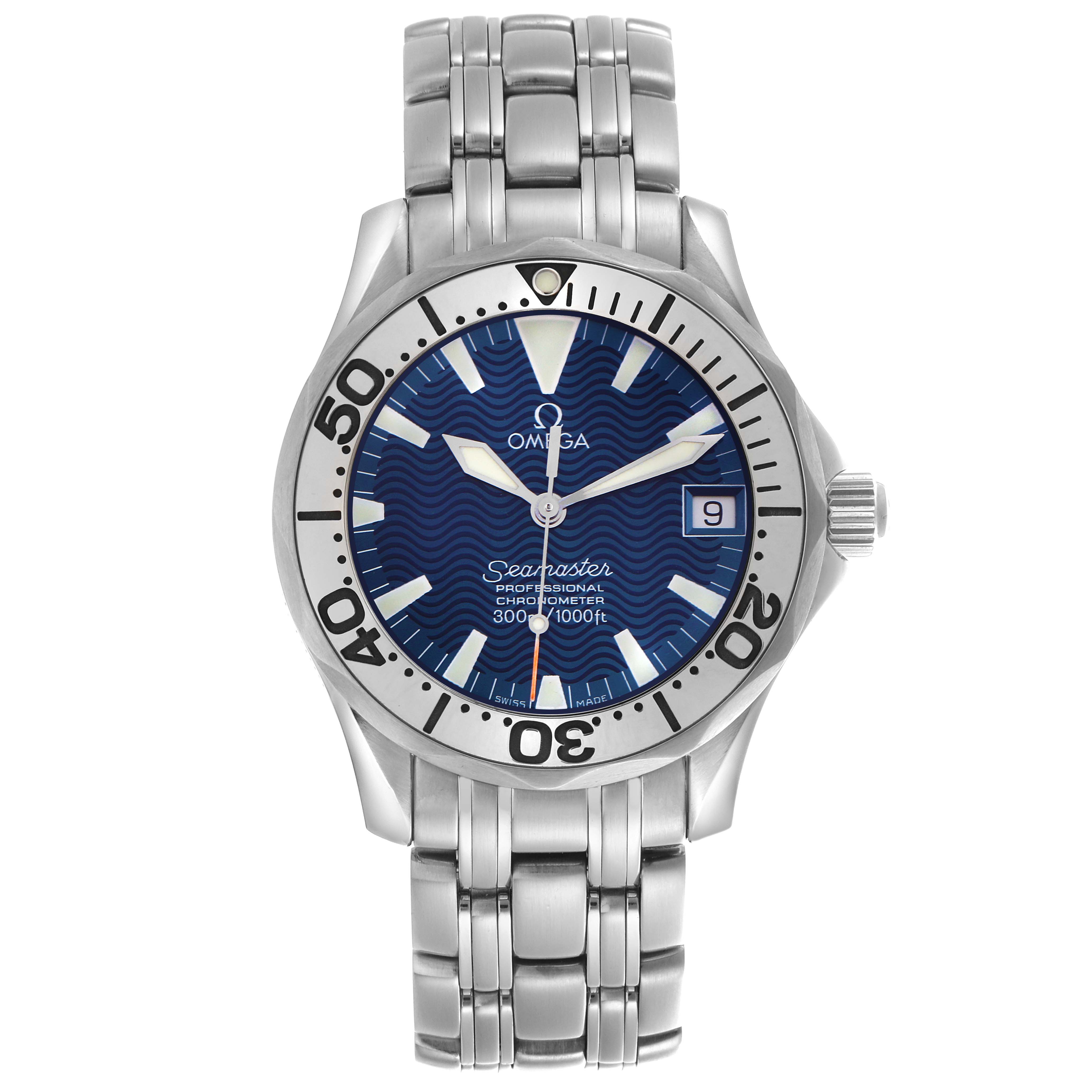 The Omega Seamaster 2554.80.00 Men's Stainless Steel Blue Dial 2554.80.00 Men's Stainless Steel Blue Dial watch is shown from a front angle, displaying the dial, bezel, bracelet, and crown.