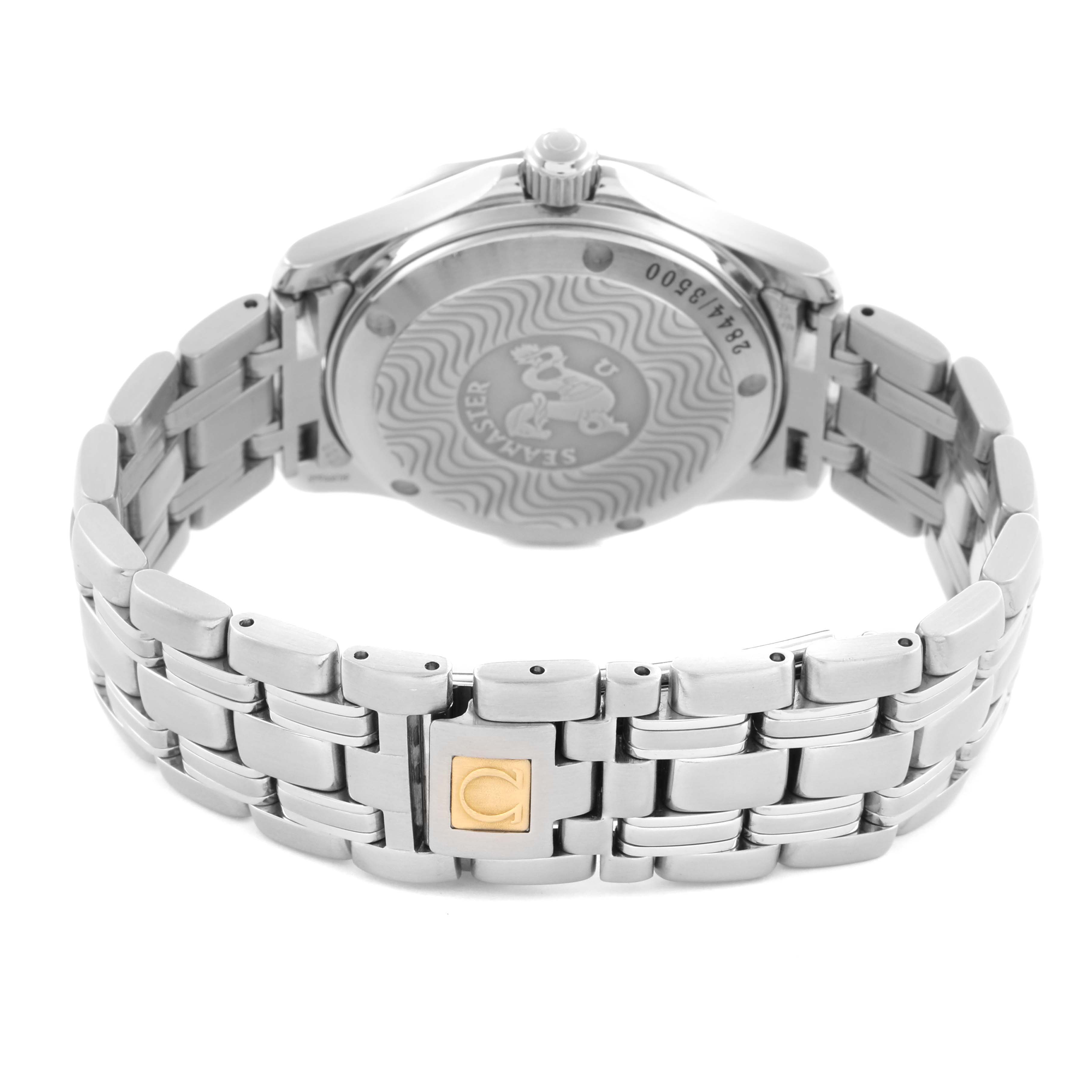 The image shows the back and bracelet of an Omega Seamaster 2554.80.00 Men's Stainless Steel Blue Dial 2554.80.00 Men's Stainless Steel Blue Dial watch, highlighting its clasp and case back details.