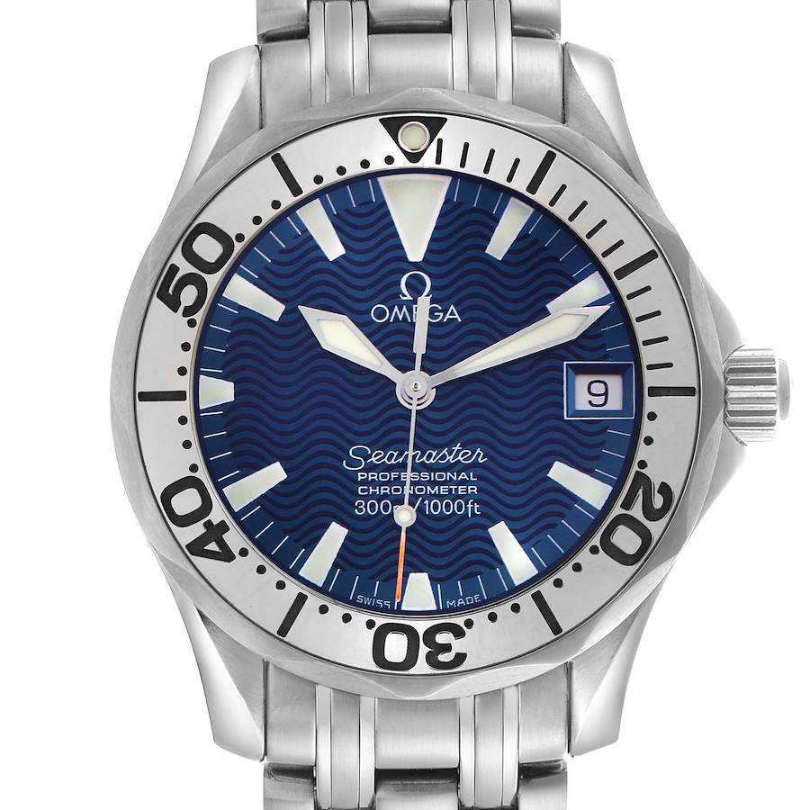 The Omega Seamaster watch is shown from a front angle displaying the dial, bezel, date window, and part of the bracelet.