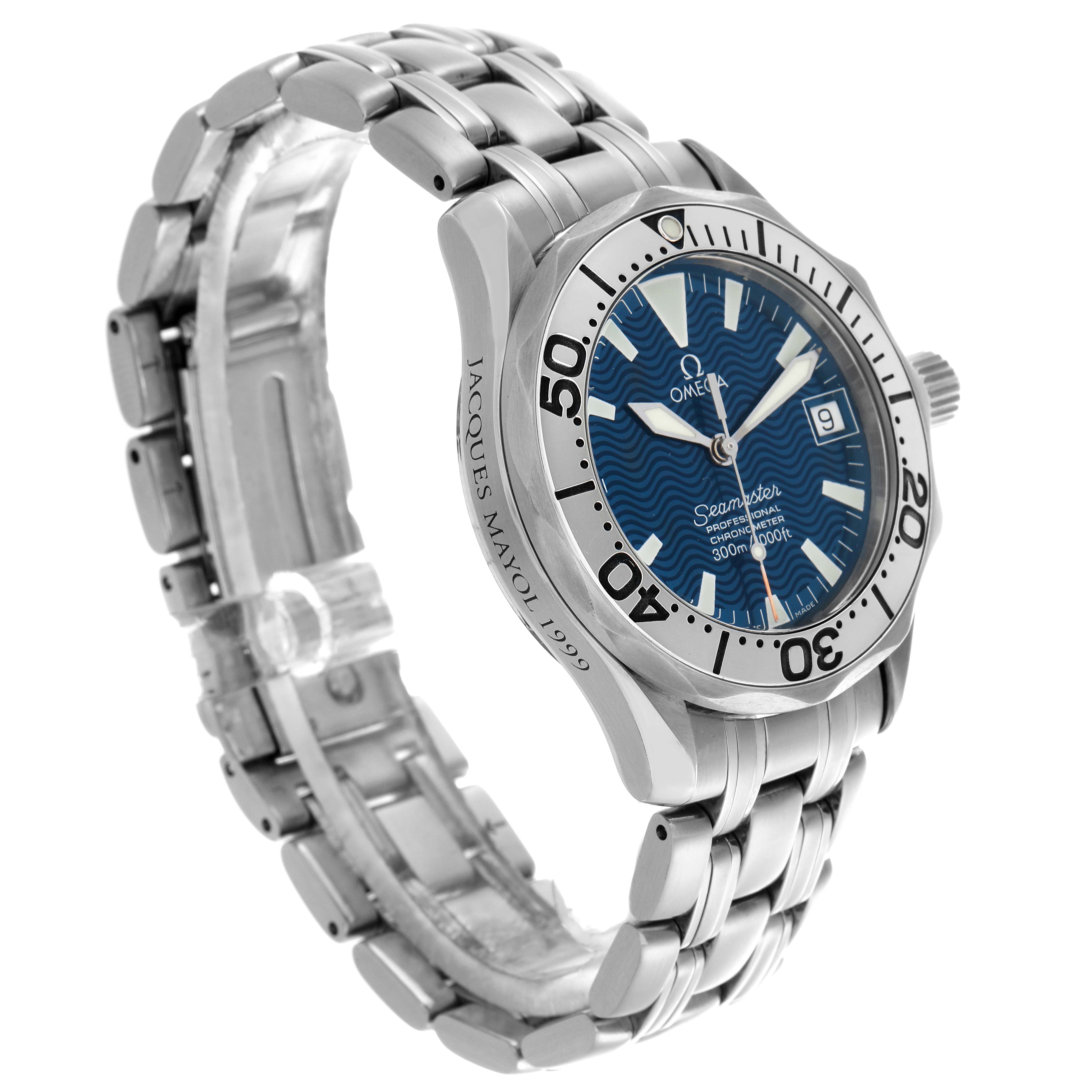 The Omega Seamaster 2554.80.00 Men's Stainless Steel Blue Dial 2554.80.00 Men's Stainless Steel Blue Dial watch is shown at a three-quarter angle, displaying the face, bezel, crown, and bracelet.