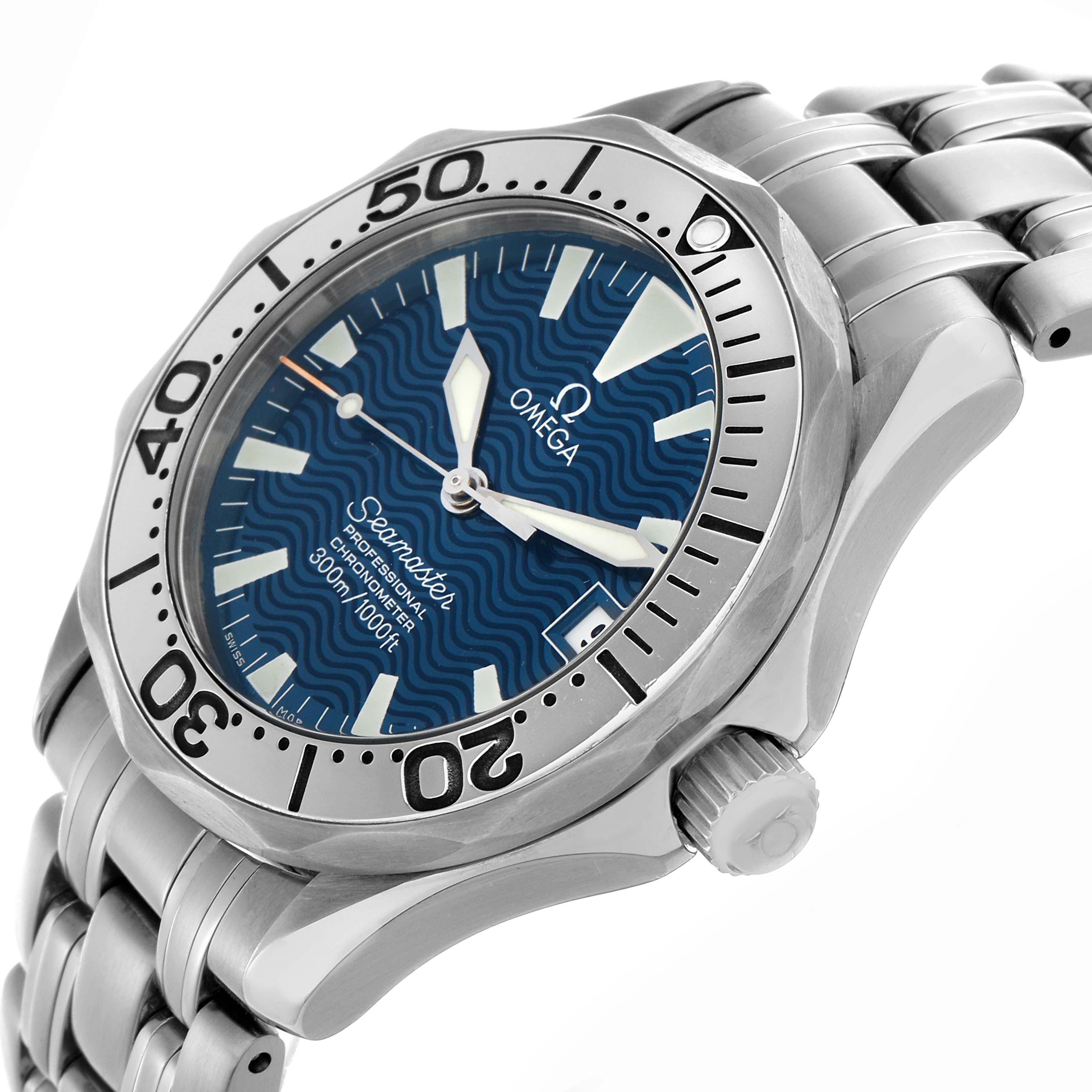 The Omega Seamaster 2554.80.00 Men's Stainless Steel Blue Dial 2554.80.00 Men's Stainless Steel Blue Dial watch is shown at an angled side view, displaying the face, bezel, crown, and part of the bracelet.