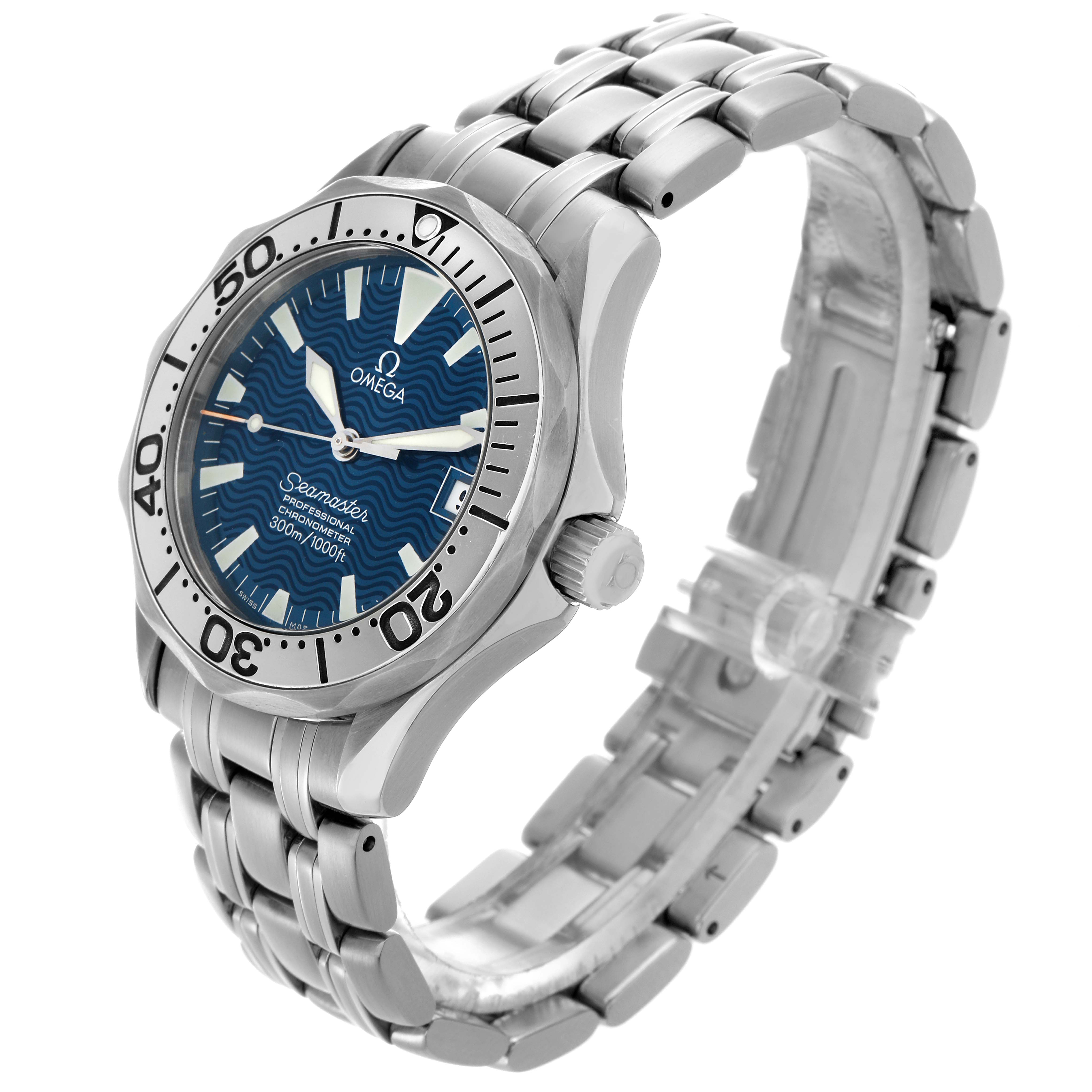 The Omega Seamaster 2554.80.00 Men's Stainless Steel Blue Dial 2554.80.00 Men's Stainless Steel Blue Dial watch is shown at a three-quarter angle, displaying the bezel, dial, crown, and bracelet.