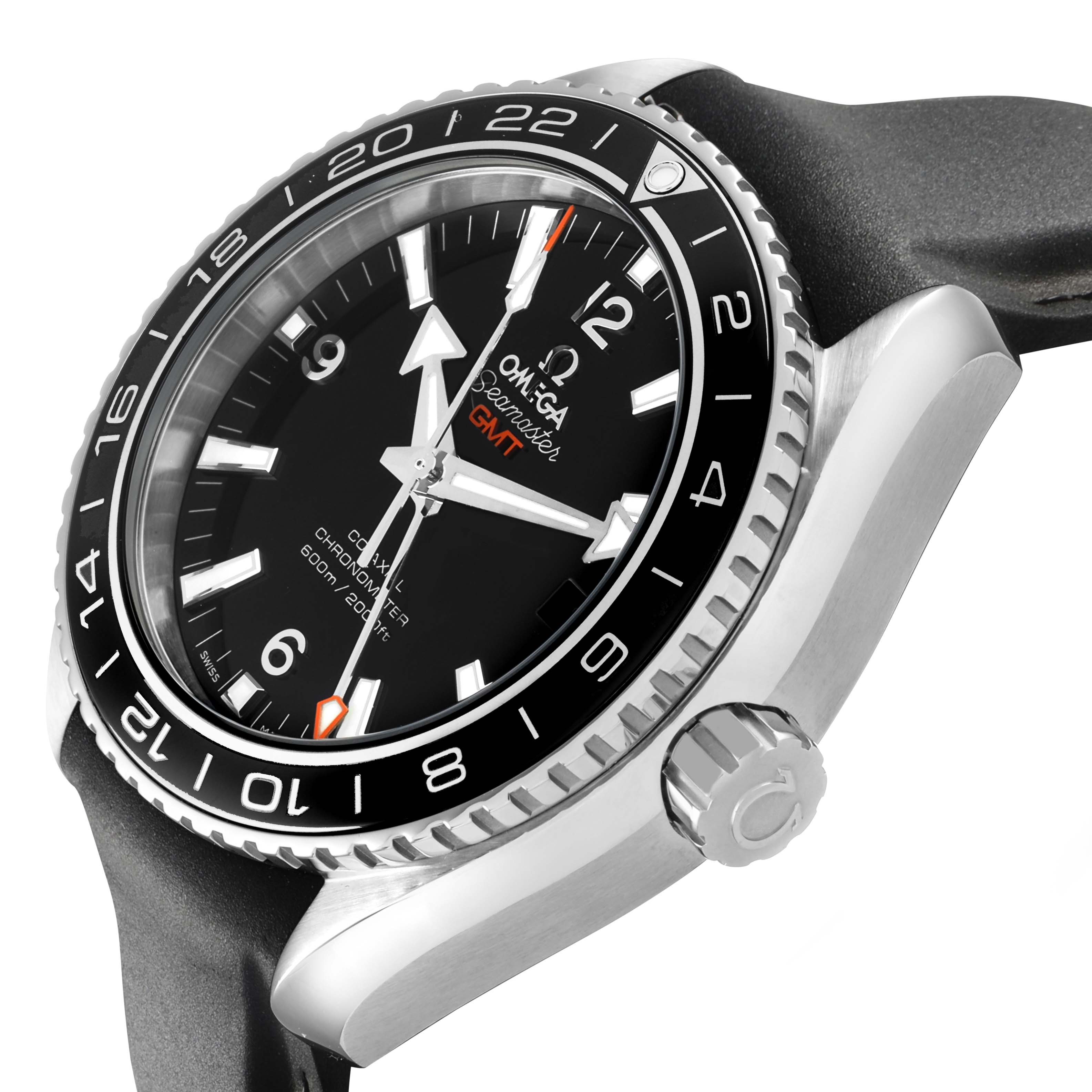 The Omega Planet Ocean 232.32.44.22.01.001 Men's Stainless Steel Black Dial watch is shown from a side angle, highlighting the face, bezel, crown, and strap attachment.