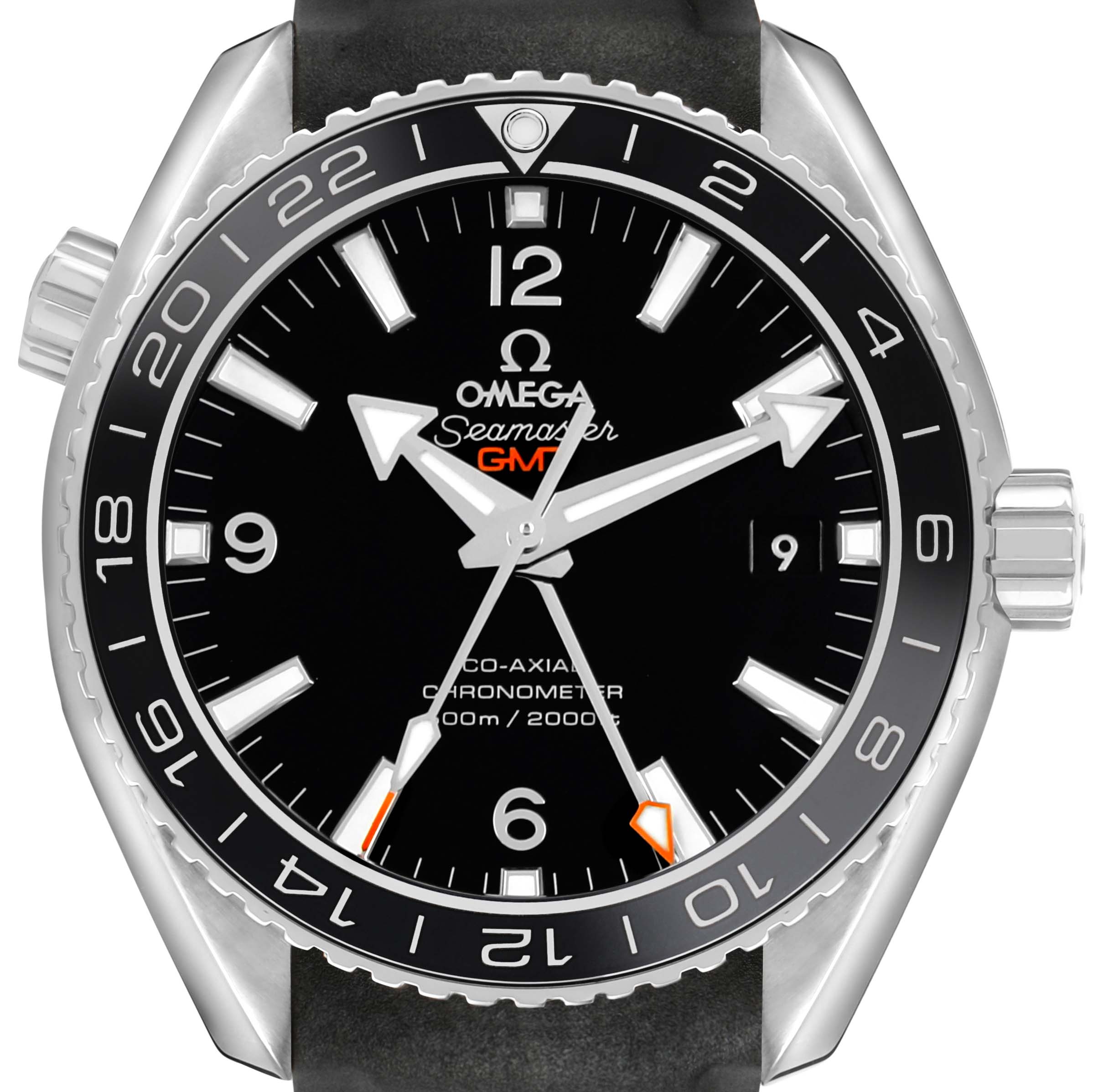 The Omega Planet Ocean 232.32.44.22.01.001 Men's Stainless Steel Black Dial watch is shown from a frontal view, highlighting the bezel, dial, and hands.