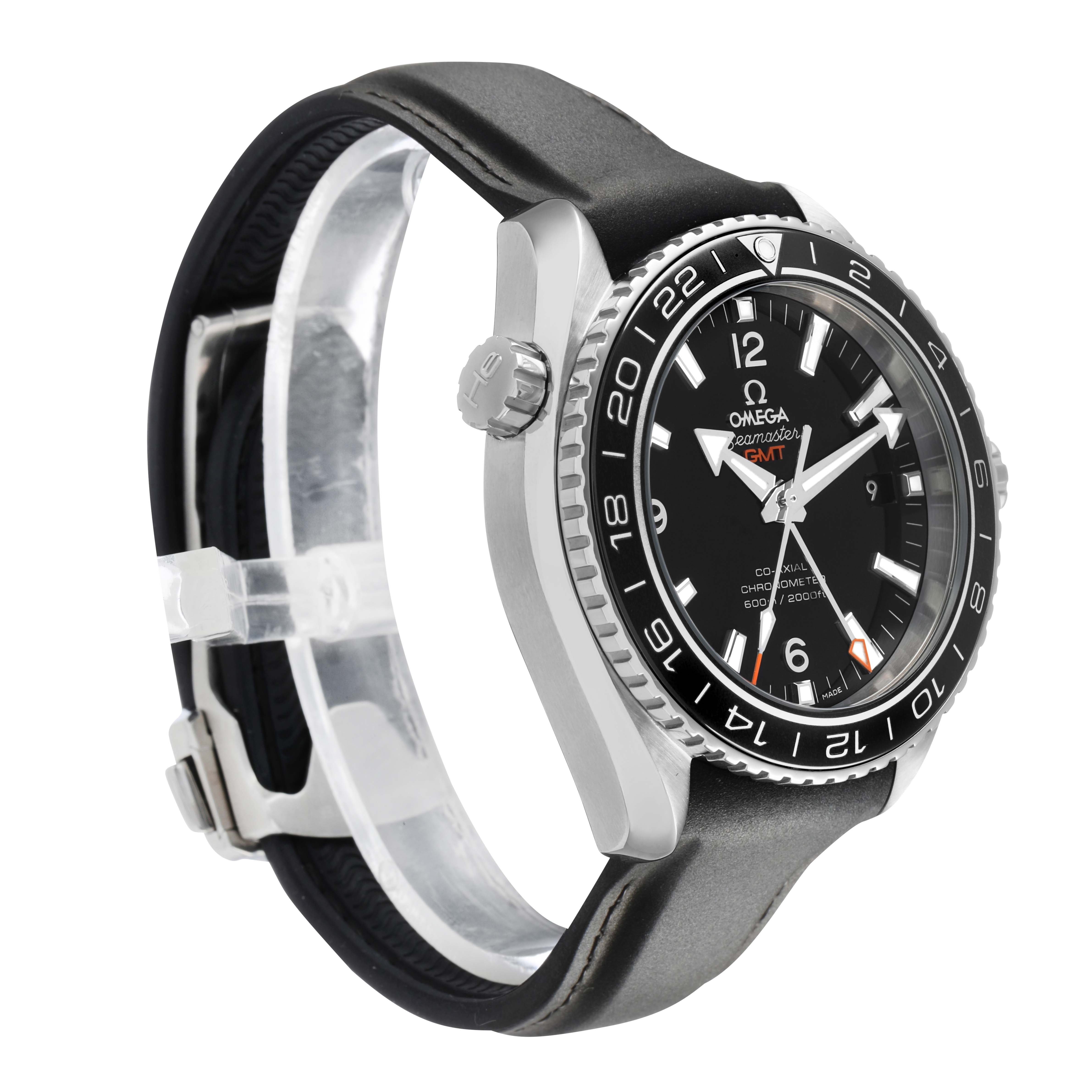 The Omega Planet Ocean 232.32.44.22.01.001 Men's Stainless Steel Black Dial watch is shown at a side angle, displaying the face, bezel, and crown.