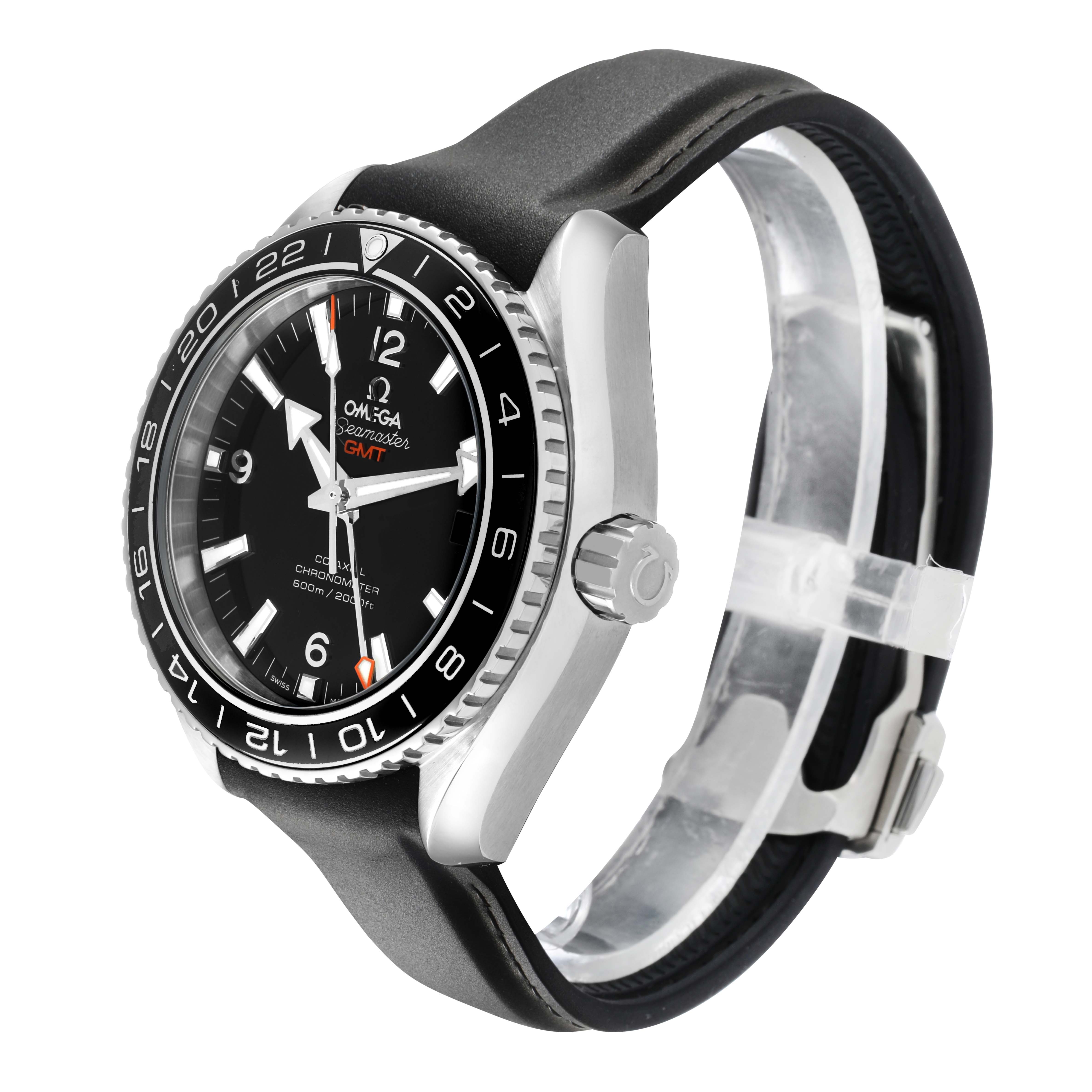 The Omega Planet Ocean 232.32.44.22.01.001 Men's Stainless Steel Black Dial watch is shown from a side angle, highlighting the bezel, crown, and strap.