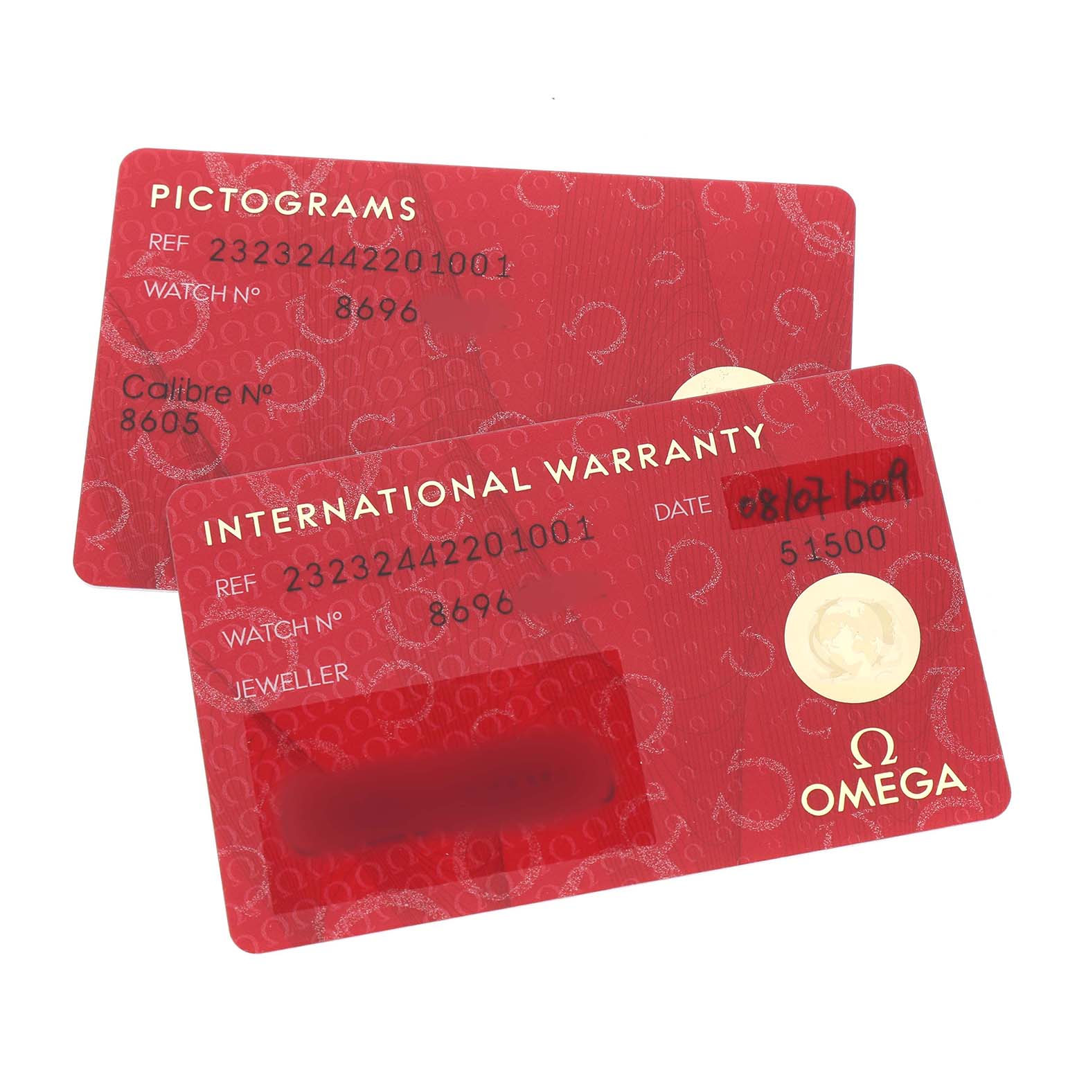 The image shows two red cards for the Omega Planet Ocean 232.32.44.22.01.001 Men's Stainless Steel Black Dial, including pictograms and an international warranty.