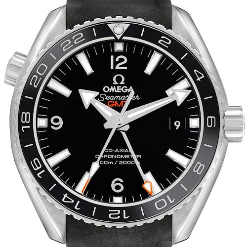 The Omega Planet Ocean 232.32.44.22.01.001 Men's Stainless Steel Black Dial watch is shown from the front, highlighting the dial, bezel, and crown.