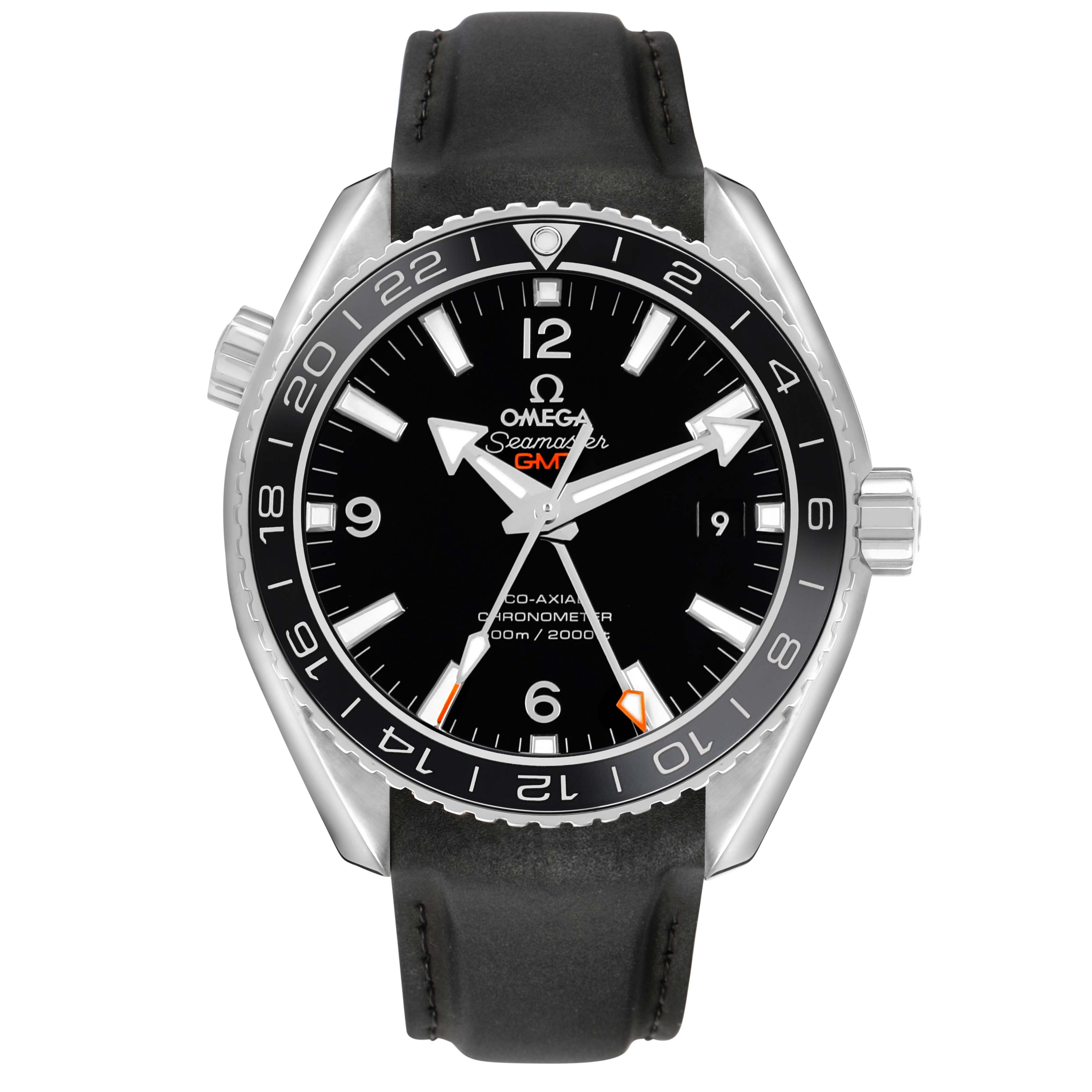 The Omega Planet Ocean 232.32.44.22.01.001 Men's Stainless Steel Black Dial watch is shown from a front angle, displaying its black dial, bezel, hands, and strap.