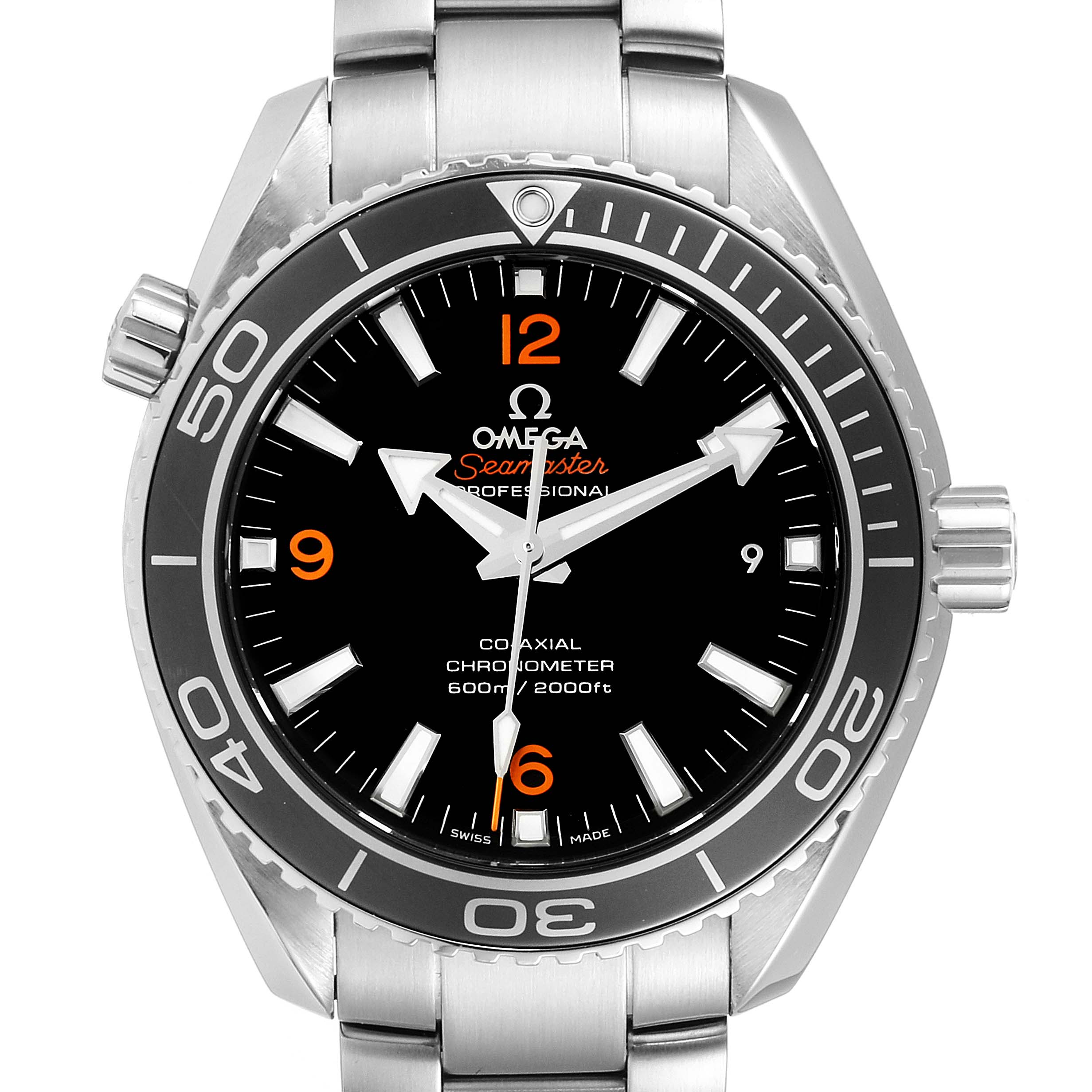 The image shows a front view of the Omega Planet Ocean 232.30.42.21.01.003 Men
s Stainless Steel Black Dial 232.30.42.21.01.003 Men
s Stainless Steel Black Dial model watch, highlighting the dial, hands, bezel, and bracelet.