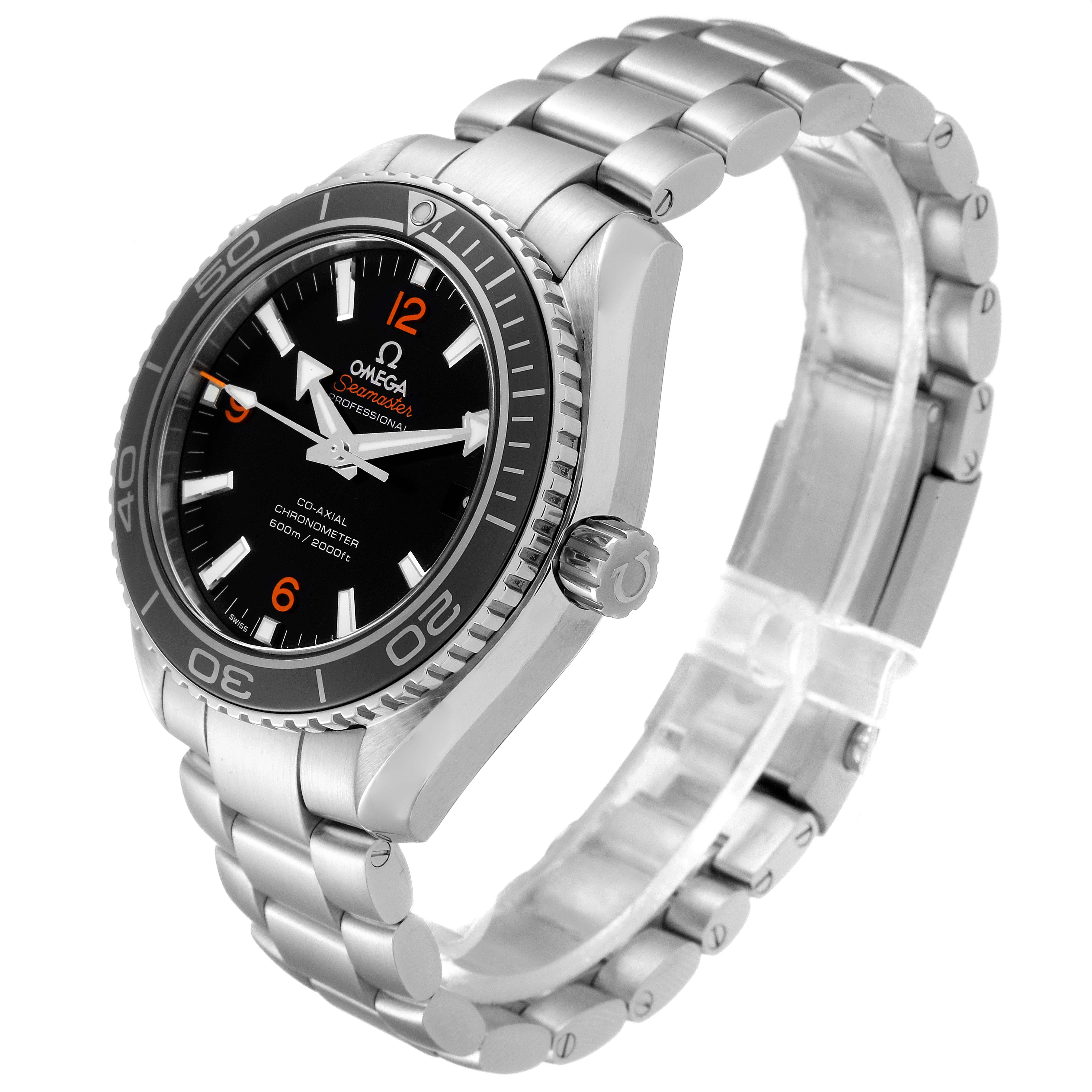 The image shows an angled side-view of the Omega Planet Ocean 232.30.42.21.01.003 Men
s Stainless Steel Black Dial 232.30.42.21.01.003 Men
s Stainless Steel Black Dial watch, highlighting its bezel, crown, and stainless steel strap.