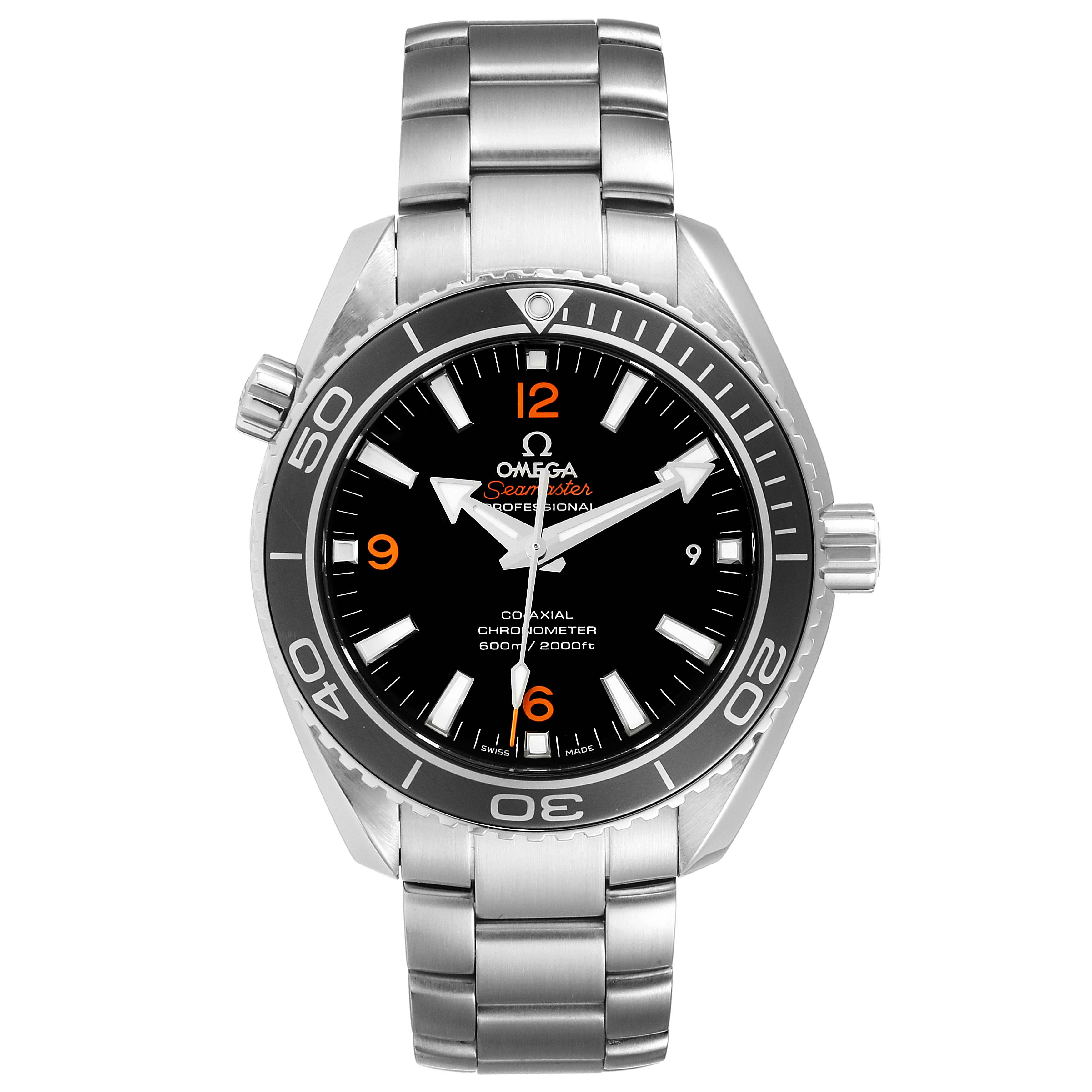 The image shows a front view of the Omega Planet Ocean 232.30.42.21.01.003 Men
s Stainless Steel Black Dial 232.30.42.21.01.003 Men
s Stainless Steel Black Dial watch, highlighting the dial, bezel, and stainless steel bracelet.