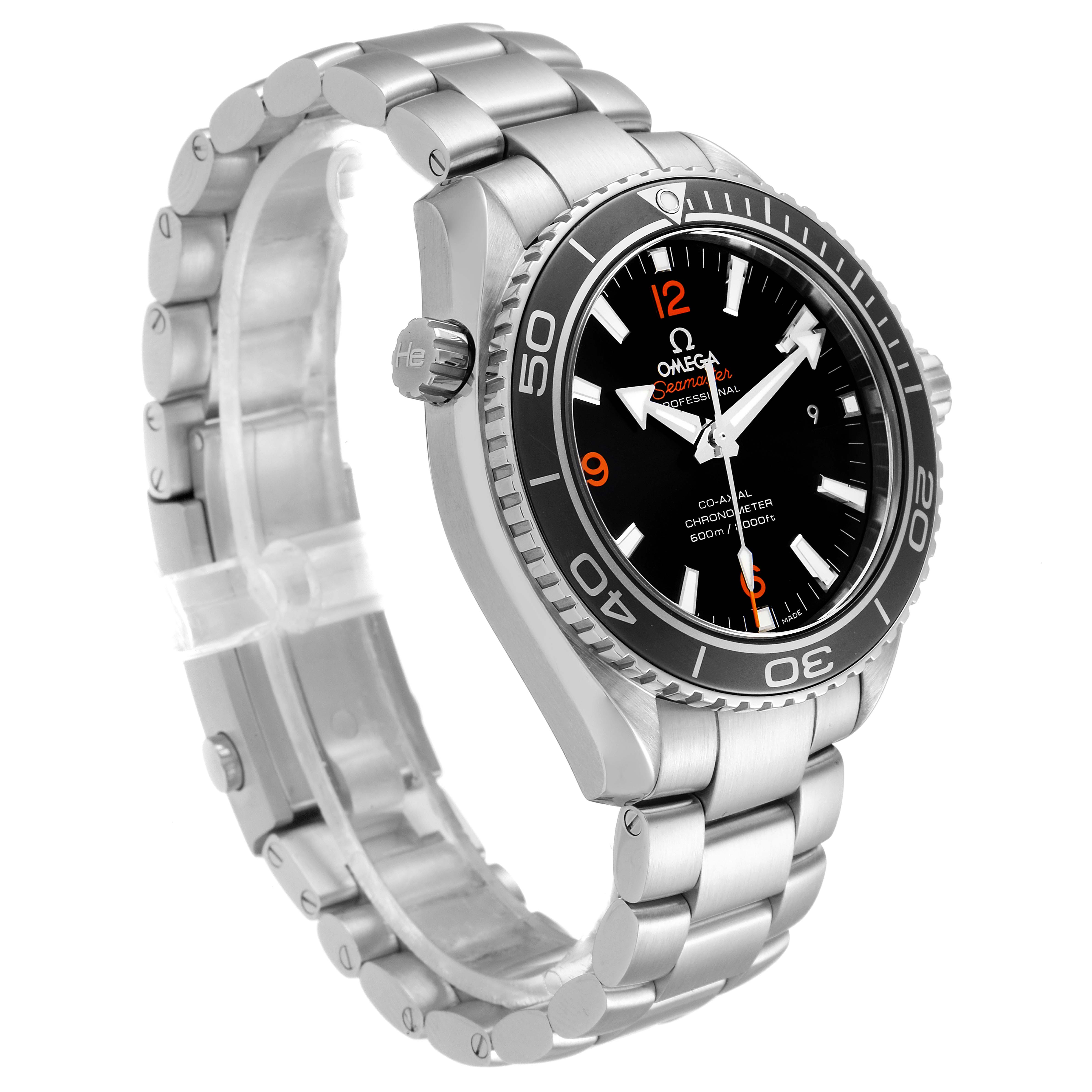 The image shows the Omega Planet Ocean 232.30.42.21.01.003 Men
s Stainless Steel Black Dial 232.30.42.21.01.003 Men
s Stainless Steel Black Dial watch from a left-side angle, highlighting the face, bezel, and metal bracelet.