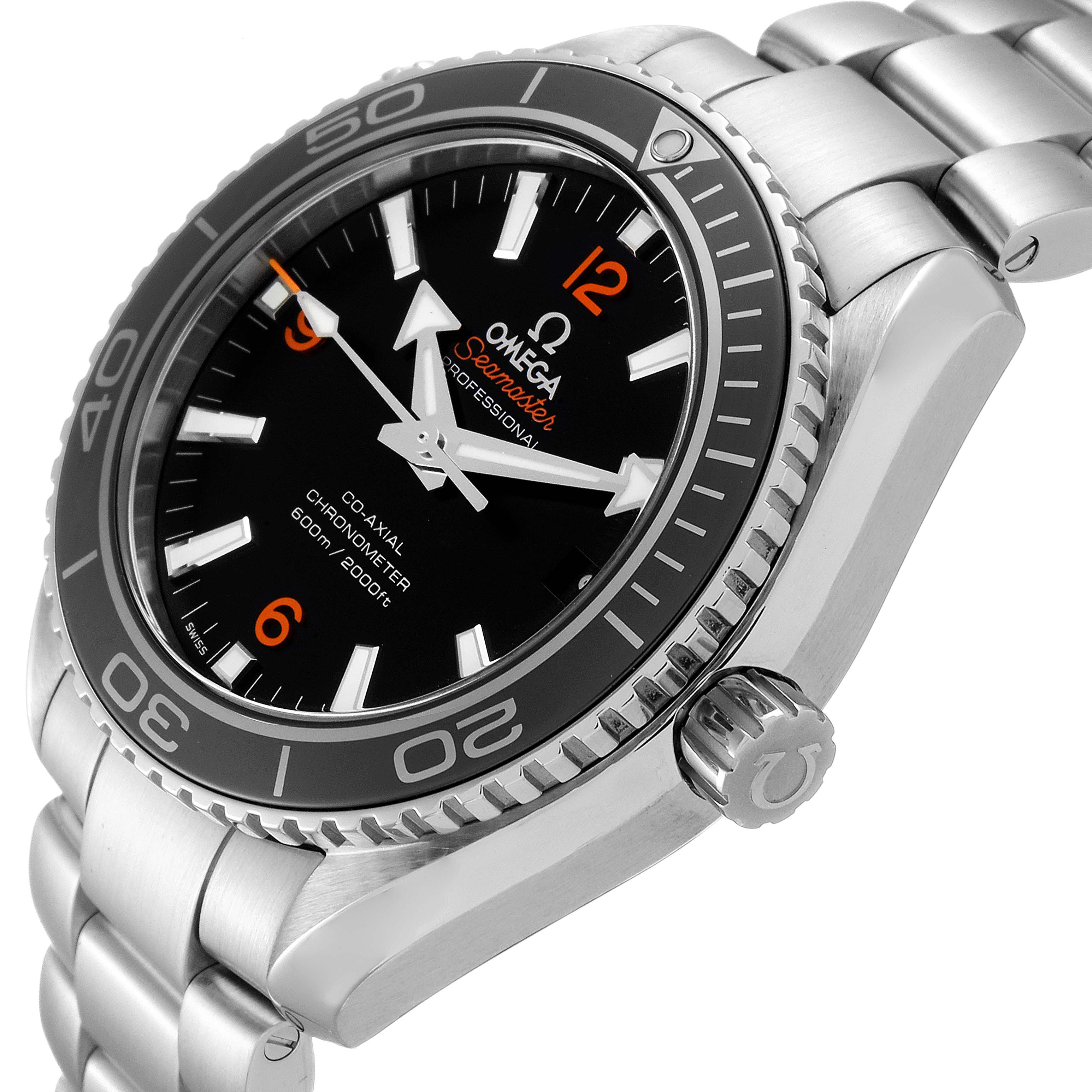 The image shows the Omega Planet Ocean 232.30.42.21.01.003 Men
s Stainless Steel Black Dial 232.30.42.21.01.003 Men
s Stainless Steel Black Dial watch from a side angle highlighting the bezel, crown, and a portion of the stainless steel bracelet.