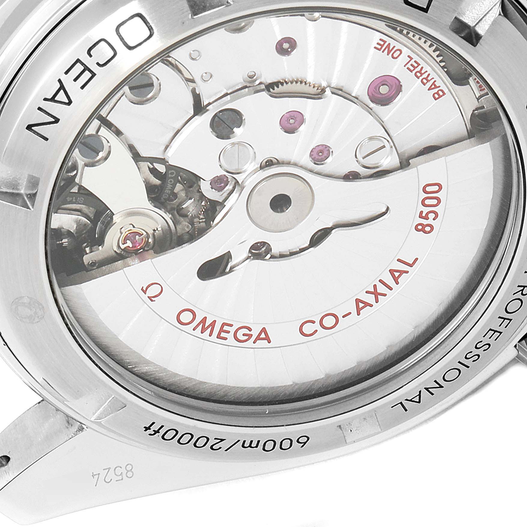 The image shows the back of the Omega Planet Ocean 232.30.42.21.01.003 Men
s Stainless Steel Black Dial 232.30.42.21.01.003 Men
s Stainless Steel Black Dial watch, highlighting its visible co-axial movement mechanism.