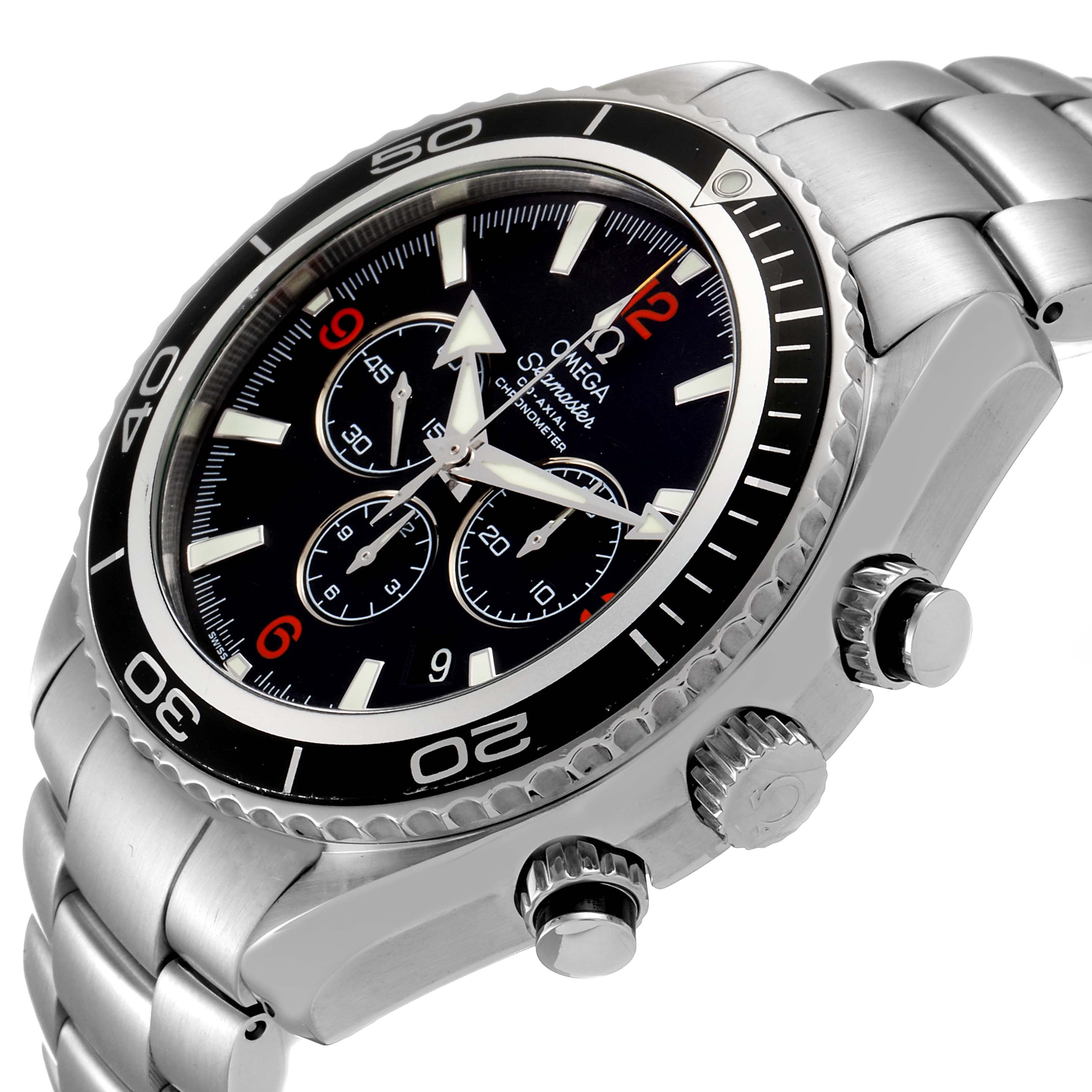 The image shows a side angle of the Omega Planet Ocean 2210.51.00 Men's Stainless Steel Black Dial 2210.51.00 Men's Stainless Steel Black Dial watch, highlighting its bezel, dial, and bracelet.