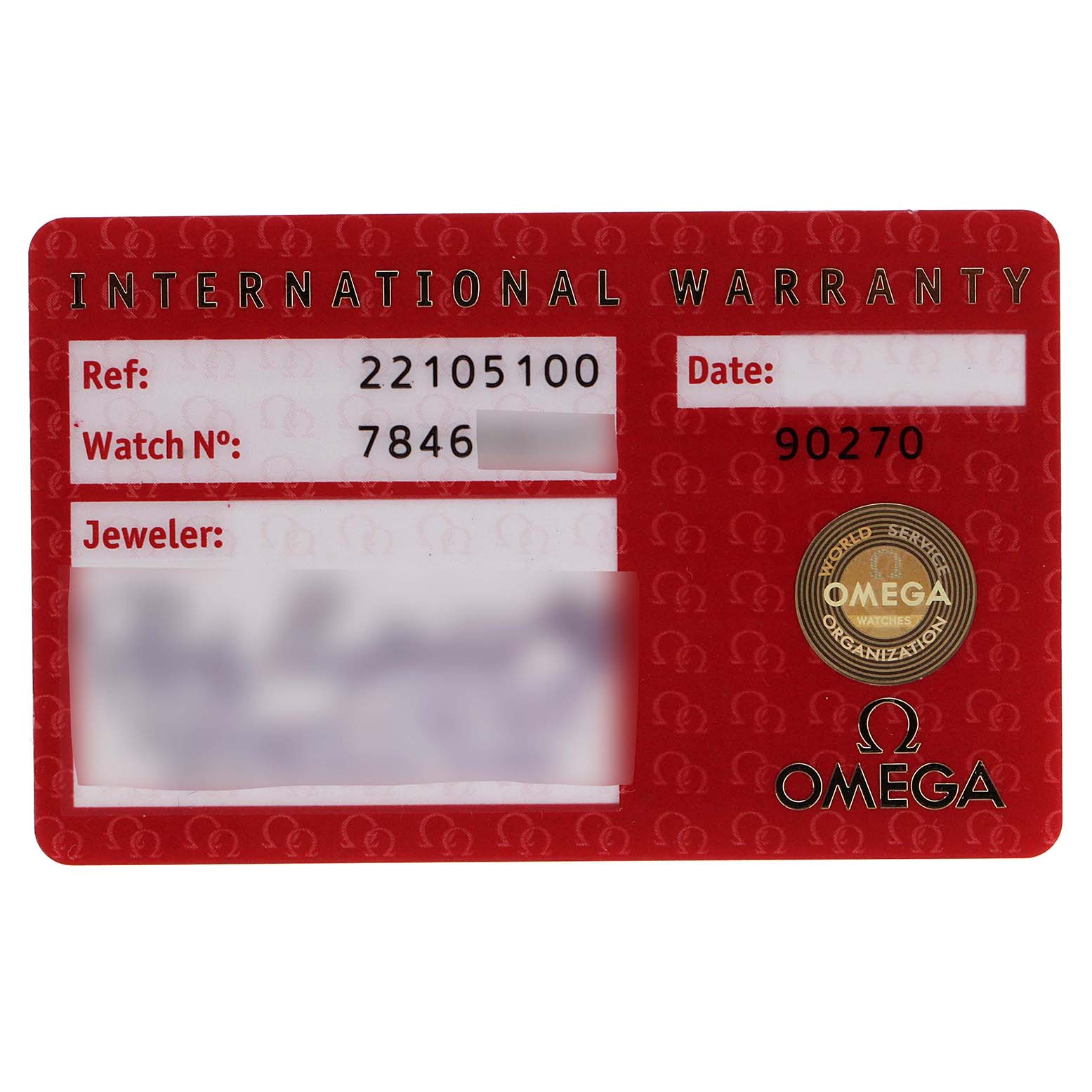 The image shows an Omega International Warranty card for the Planet Ocean model, displaying reference, watch number, and other details.