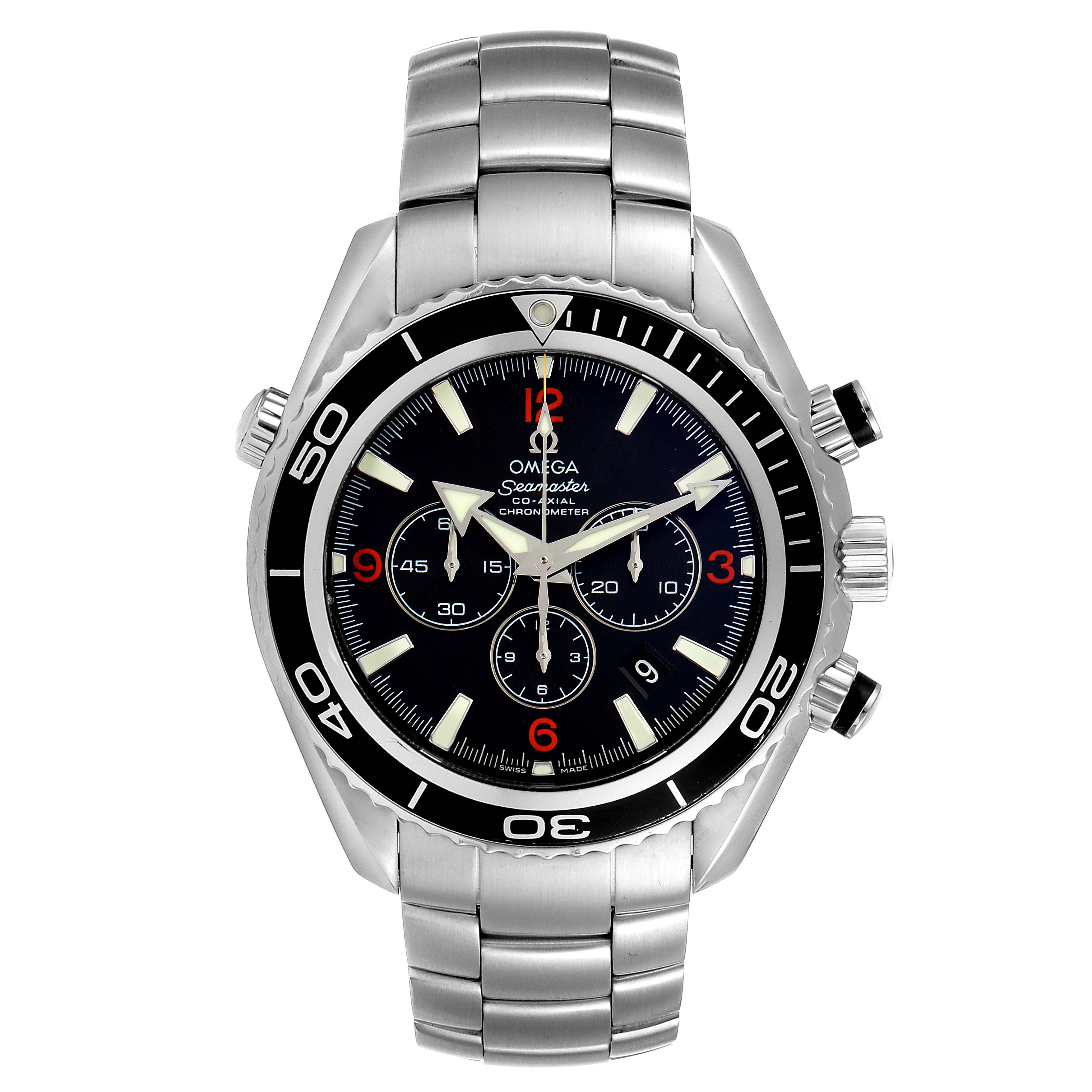 The image shows a front view of the Omega Planet Ocean 2210.51.00 Men's Stainless Steel Black Dial 2210.51.00 Men's Stainless Steel Black Dial model watch, displaying its dial, bezel, and stainless steel bracelet.