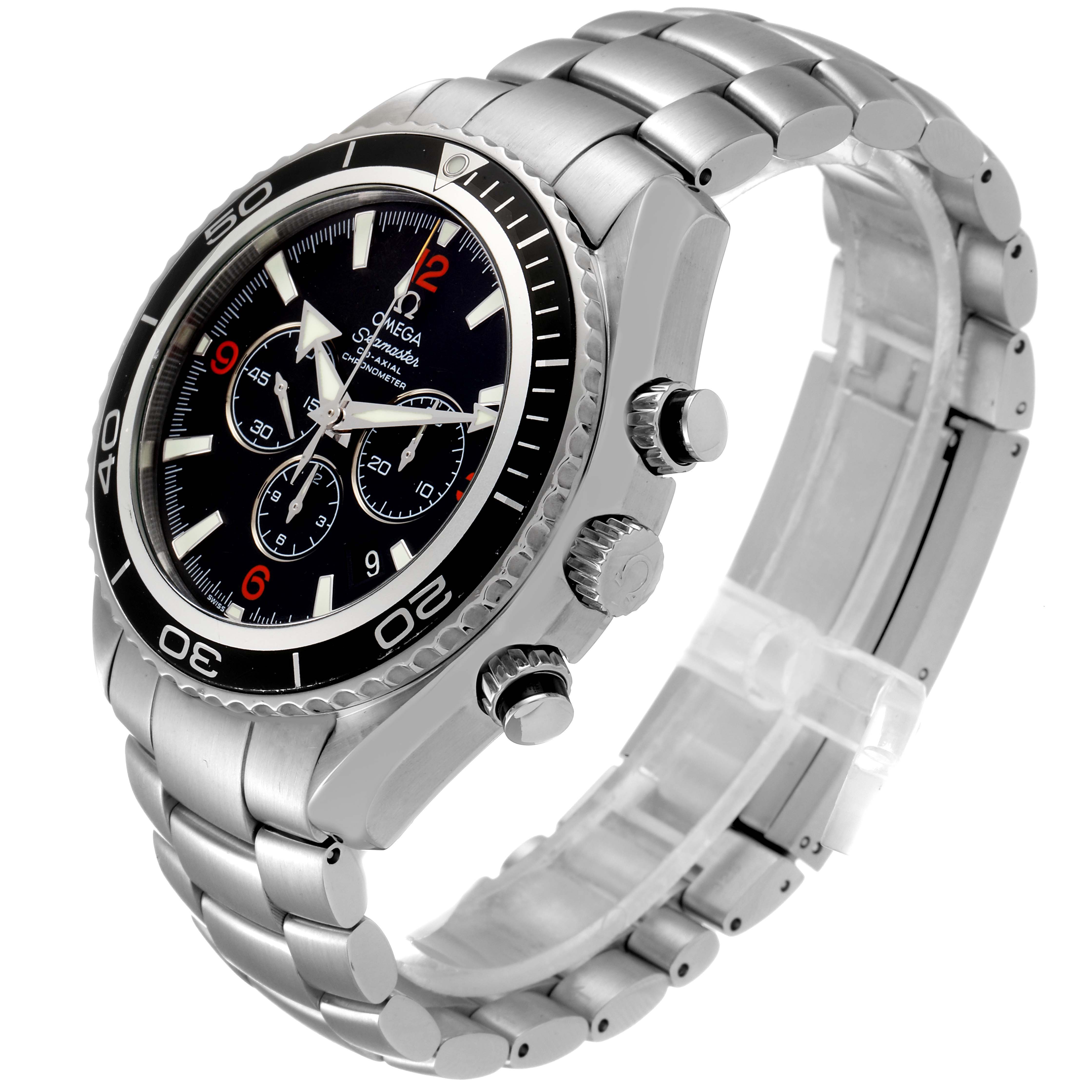 The image shows an Omega Planet Ocean 2210.51.00 Men's Stainless Steel Black Dial 2210.51.00 Men's Stainless Steel Black Dial watch at a slight side angle highlighting the case, bezel, dial, crown, and stainless steel bracelet.