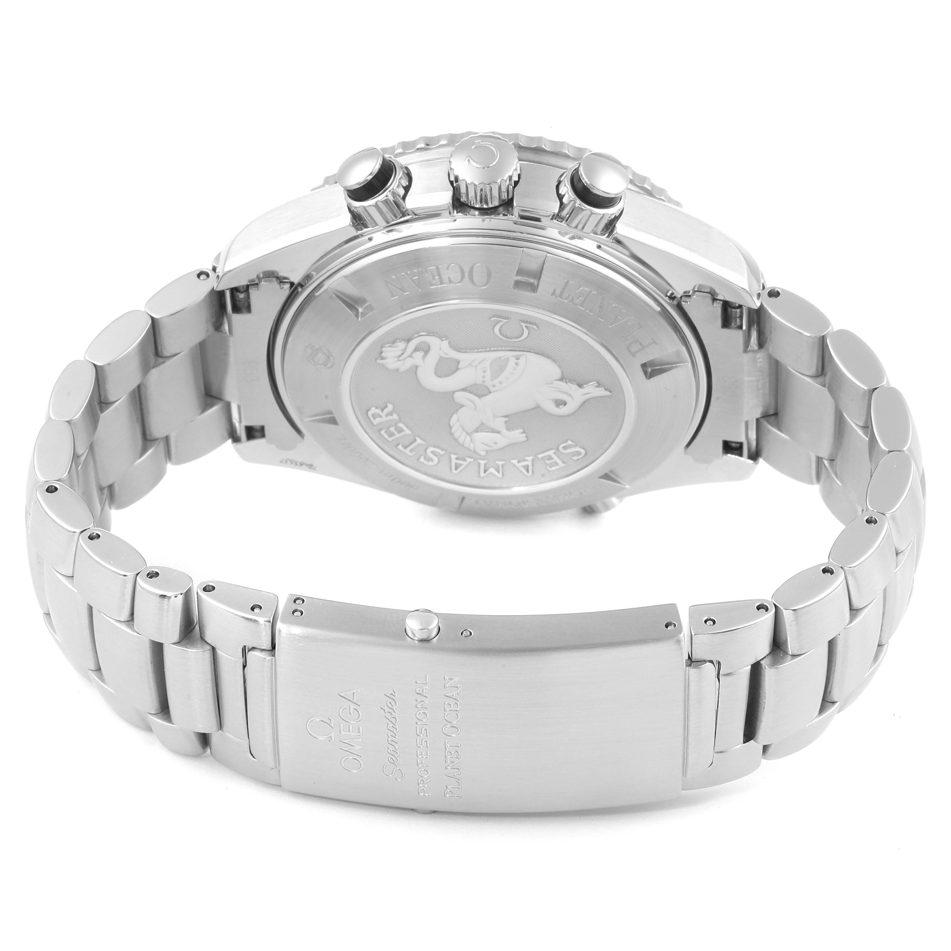 The image shows the back view of the Omega Planet Ocean 2210.51.00 Men's Stainless Steel Black Dial 2210.51.00 Men's Stainless Steel Black Dial watch, highlighting its caseback, crown, pushers, and bracelet clasp.
