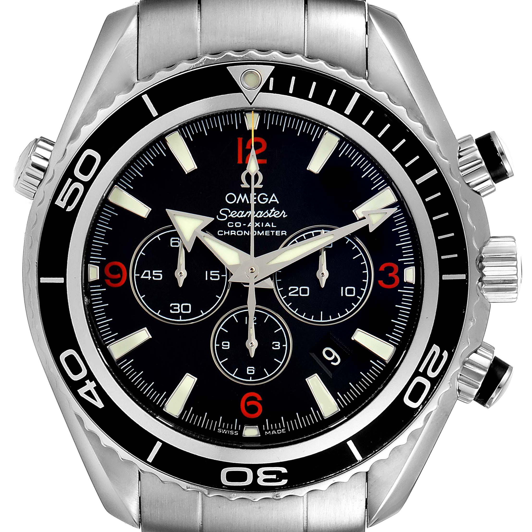 The image shows the front view of an Omega Planet Ocean 2210.51.00 Men's Stainless Steel Black Dial 2210.51.00 Men's Stainless Steel Black Dial Seamaster watch, highlighting the dial, bezel, and chronograph subdials.