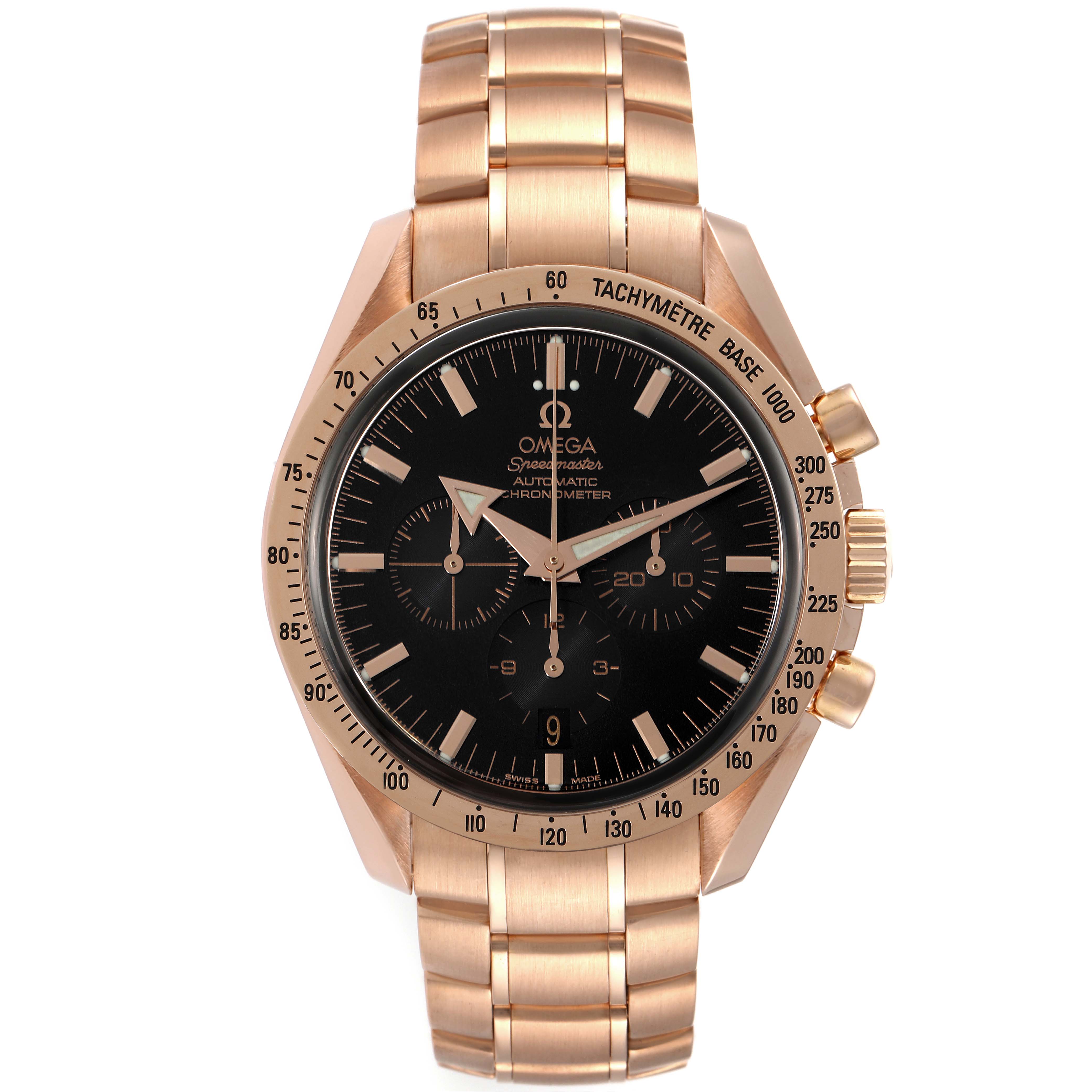 This image shows the front view of an Omega Speedmaster 3653.80.33 Men's Rose Gold Black Dial 3653.80.33 Men's Rose Gold Black Dial watch, displaying its face, bezel, crown, and bracelet.