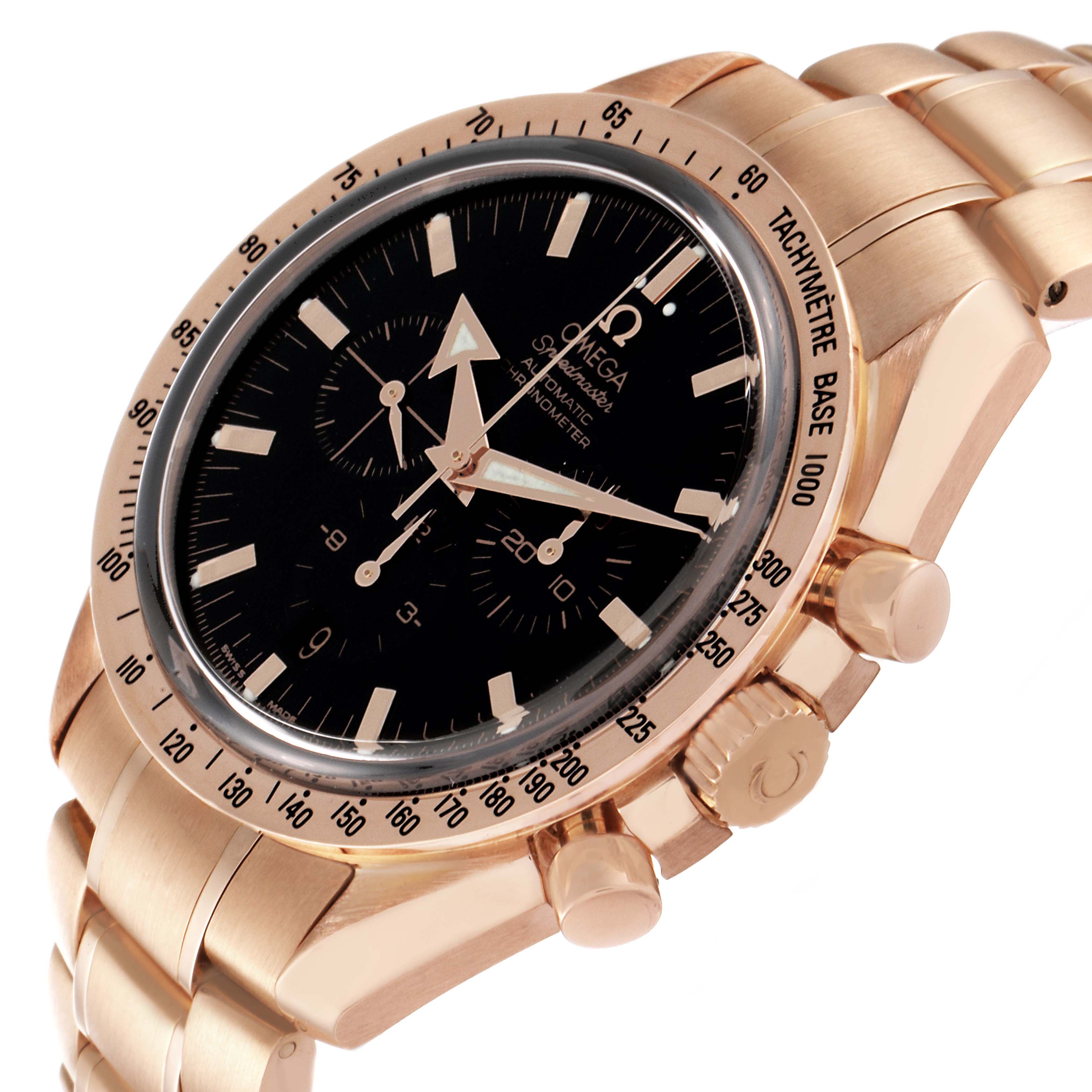 The image shows an Omega Speedmaster 3653.80.33 Men's Rose Gold Black Dial 3653.80.33 Men's Rose Gold Black Dial watch at a three-quarter angle, revealing the dial, bezel, case, crown, pushers, and bracelet.