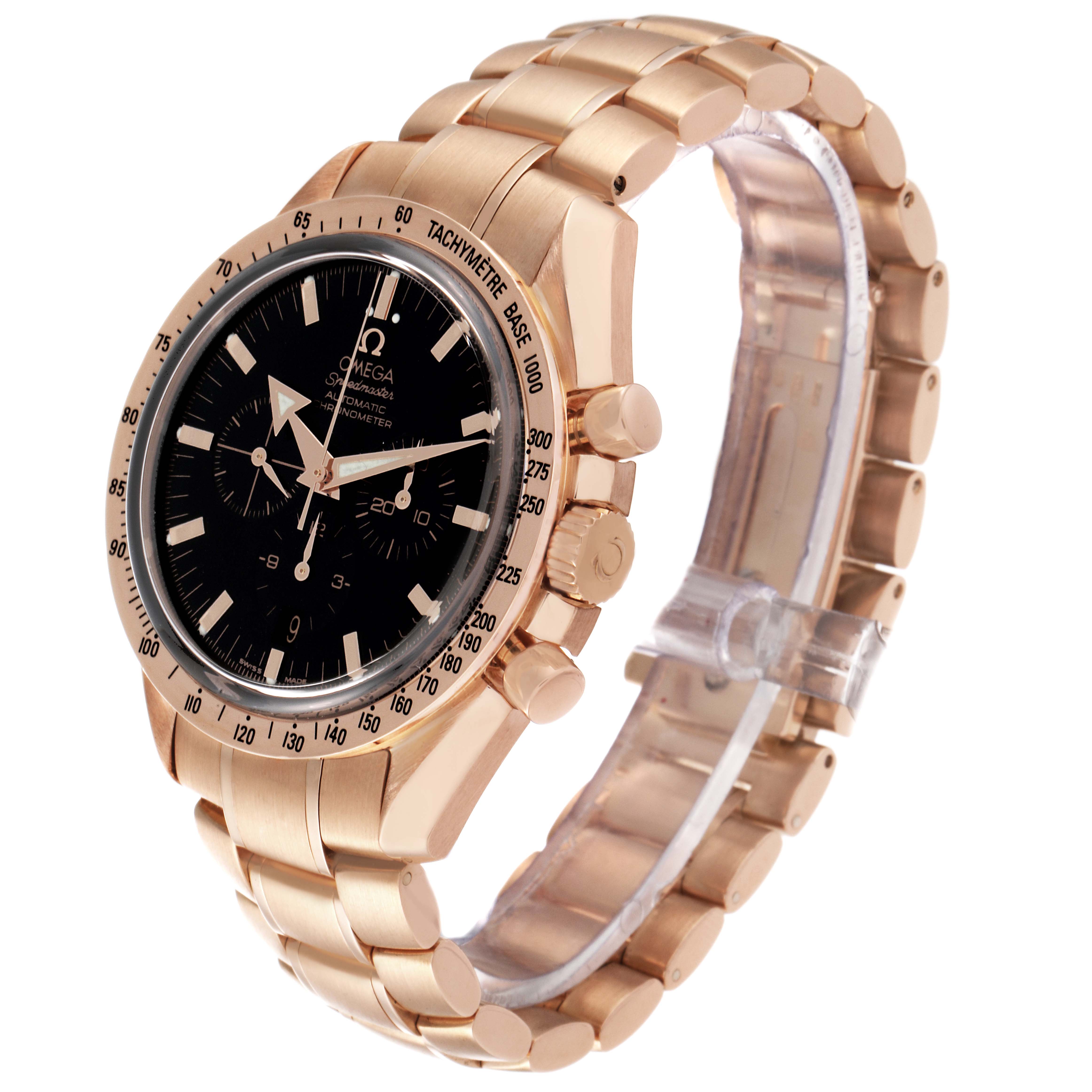 The image shows a side angle of an Omega Speedmaster 3653.80.33 Men's Rose Gold Black Dial 3653.80.33 Men's Rose Gold Black Dial watch, highlighting the case, bezel, dial, pushers, and bracelet.