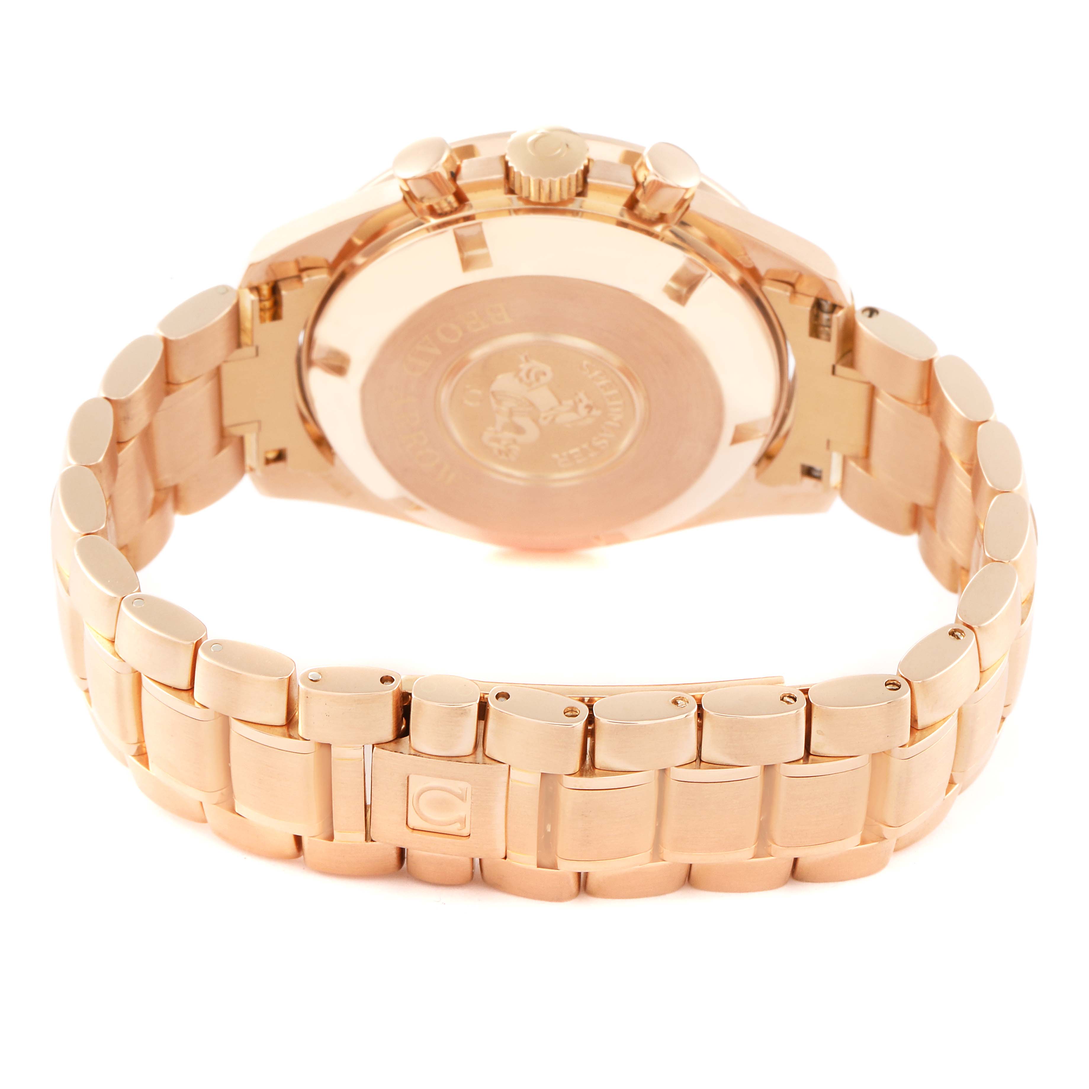 This image shows the back case and clasp of an Omega Speedmaster 3653.80.33 Men's Rose Gold Black Dial 3653.80.33 Men's Rose Gold Black Dial watch.