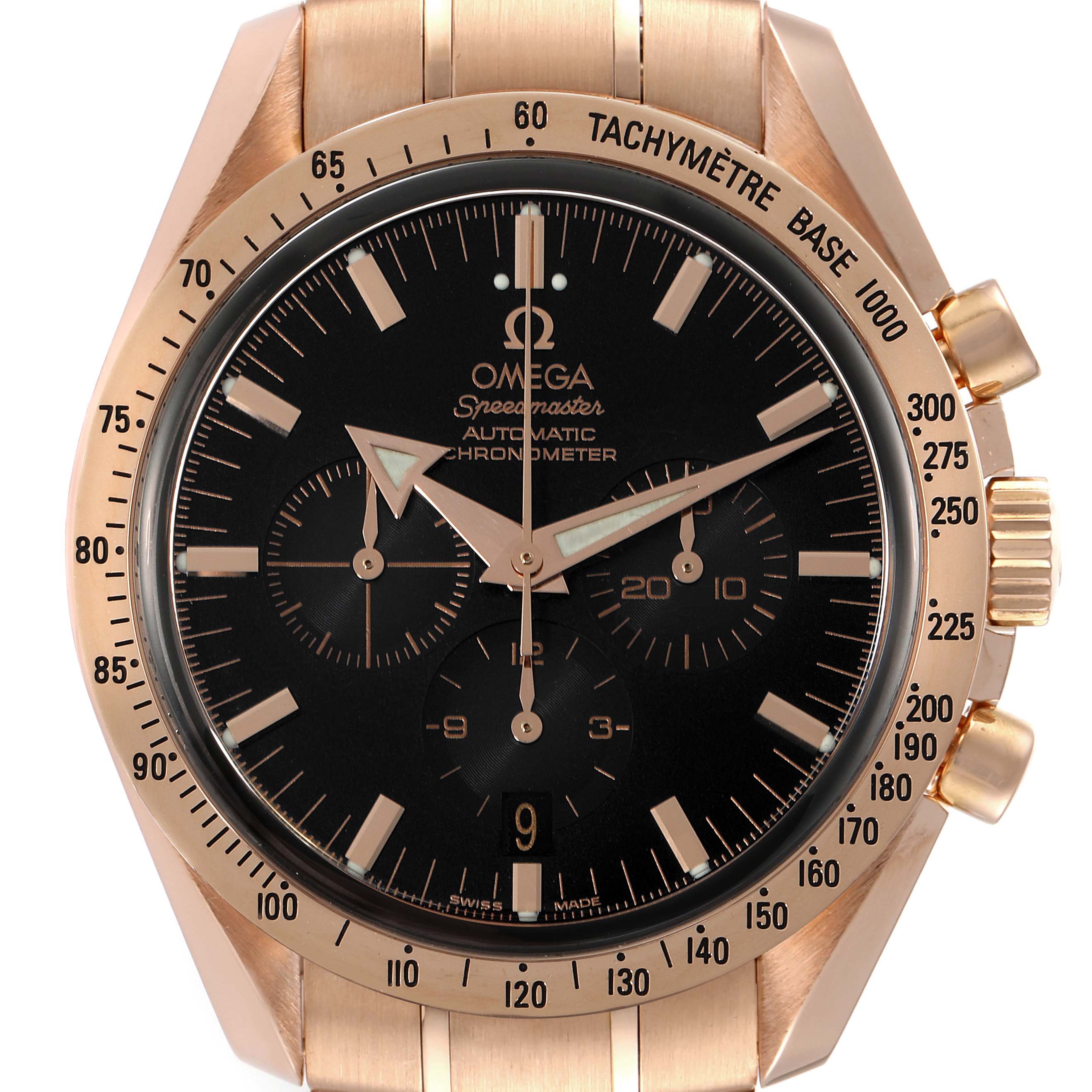 The image shows a frontal view of the Omega Speedmaster 3653.80.33 Men's Rose Gold Black Dial 3653.80.33 Men's Rose Gold Black Dial watch, highlighting its dial, subdials, bezel, and crown.