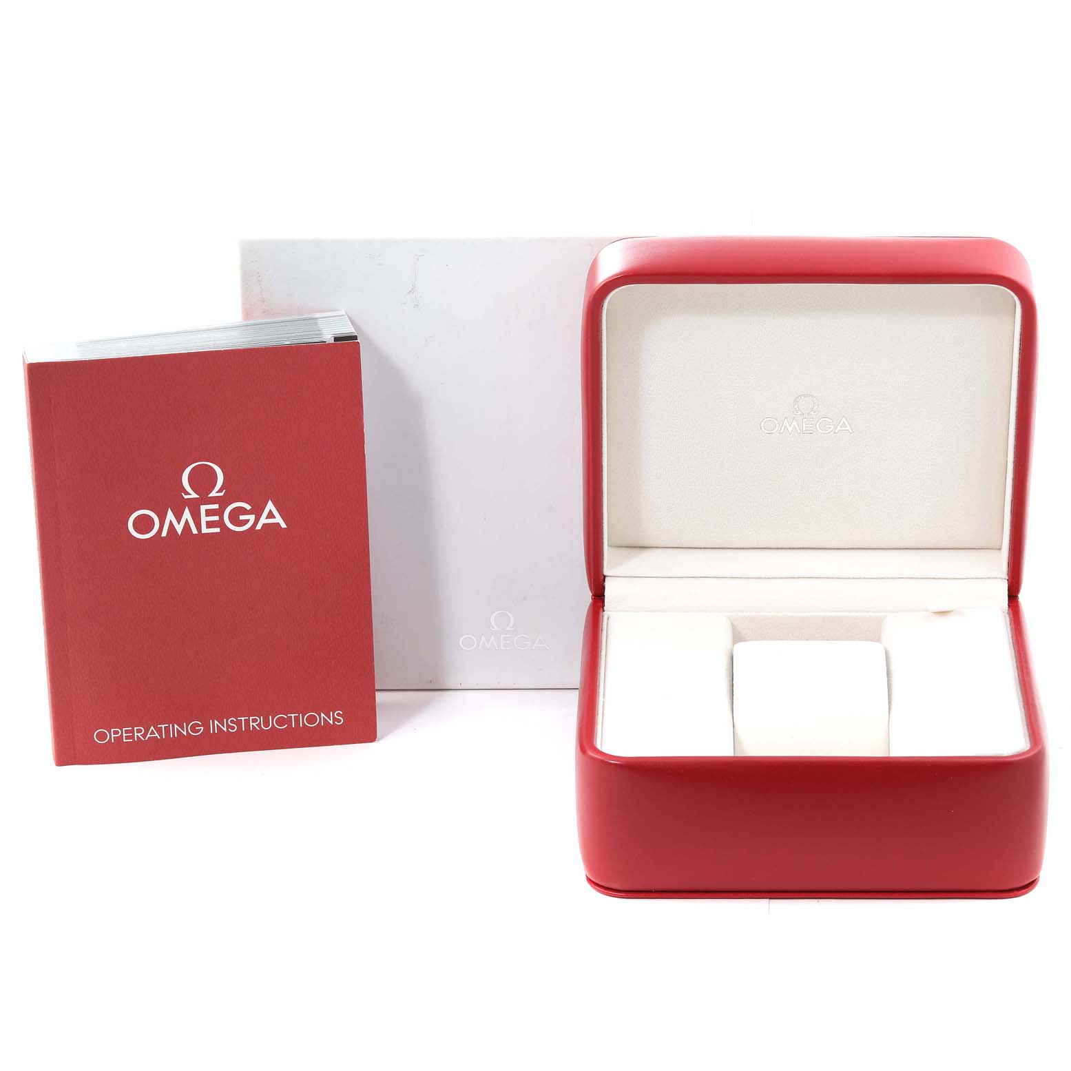 The image shows the Omega Speedmaster 3653.80.33 Men's Rose Gold Black Dial 3653.80.33 Men's Rose Gold Black Dial watch's empty red case, operating instructions booklet, and an outer white box.