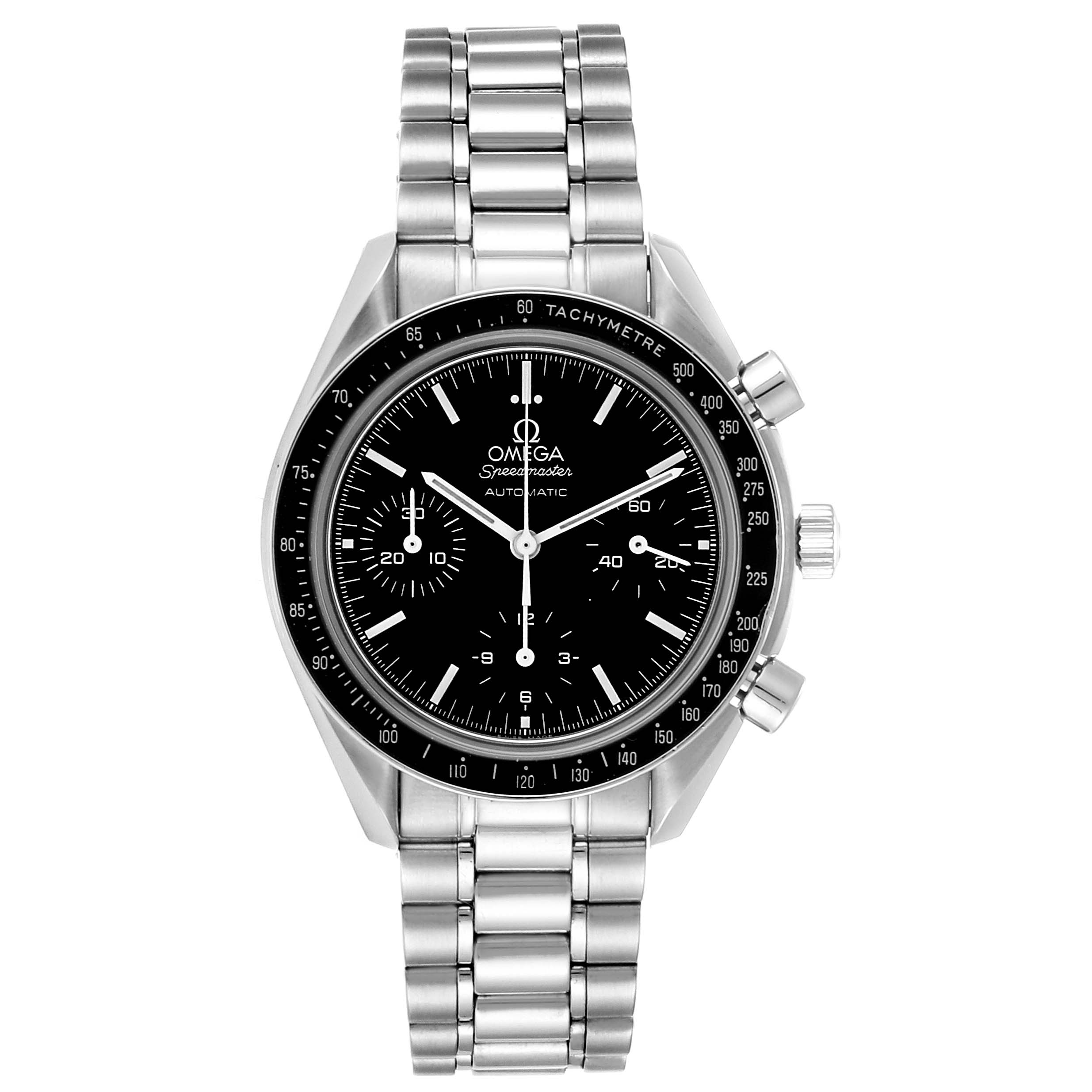 This image shows a front view of the Omega Speedmaster 3539.50.00 Men
s Stainless Steel Black Dial 3539.50.00 Men
s Stainless Steel Black Dial watch, highlighting its dial, sub-dials, bezel, and bracelet.